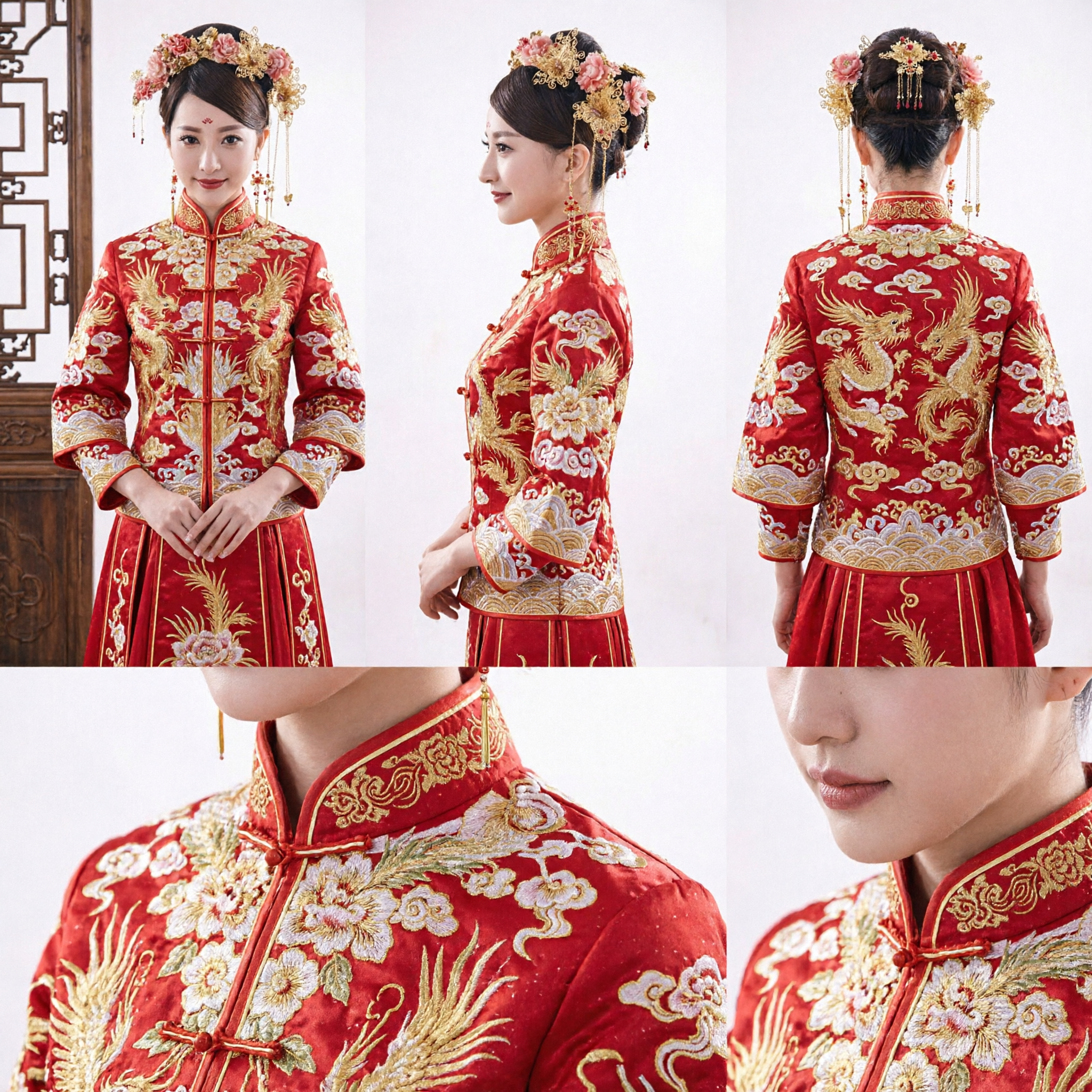 Traditional Chinese Wedding Hair Crown Gold Pink Flower Ancient Bride Hanfu Headpiece Accessories - Asian Costume