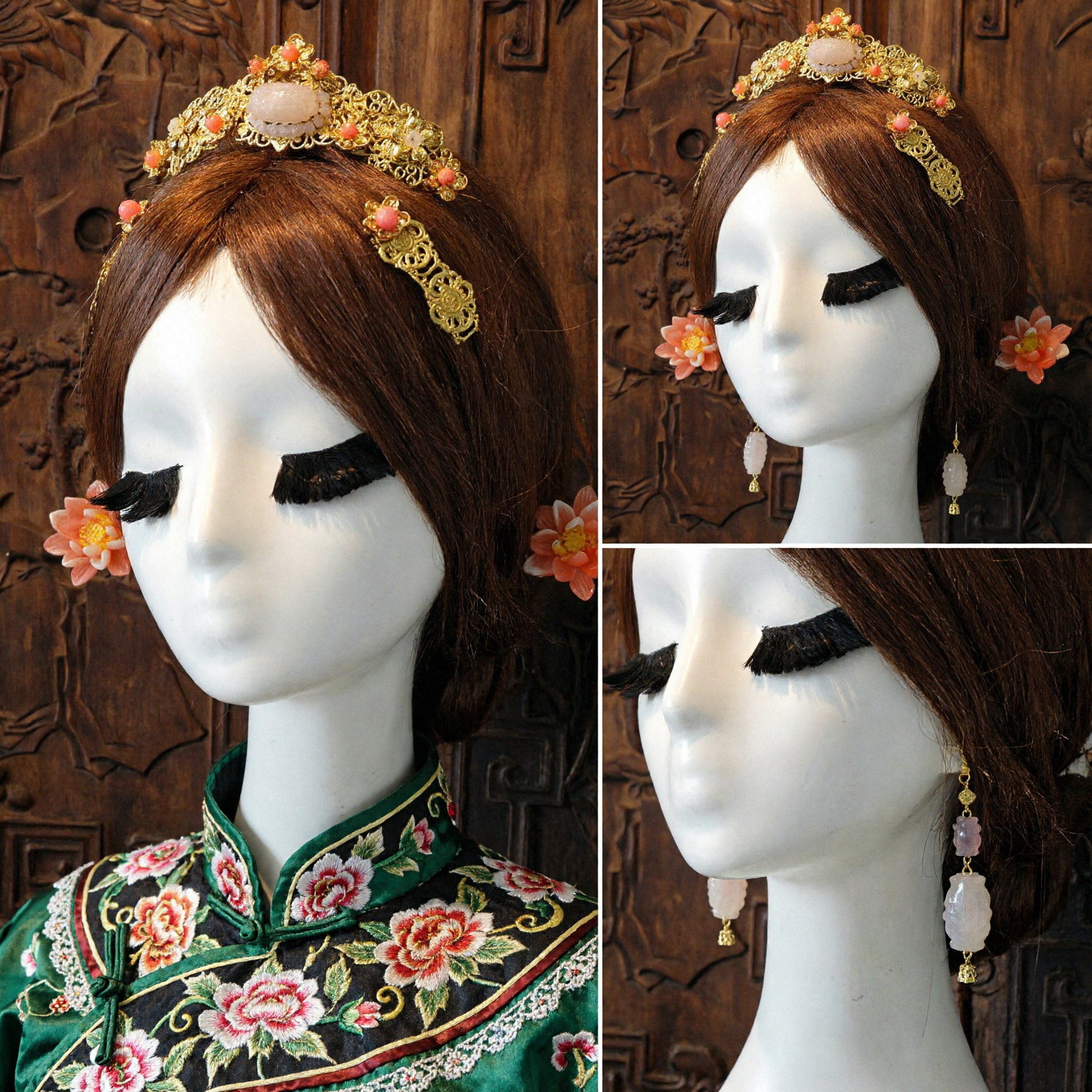 Ancient Chinese Hanfu Hair Accessories Set Golden Filigree Crown Headpiece Peach Flower Ornaments for Wedding Cosplay - Asian Costume