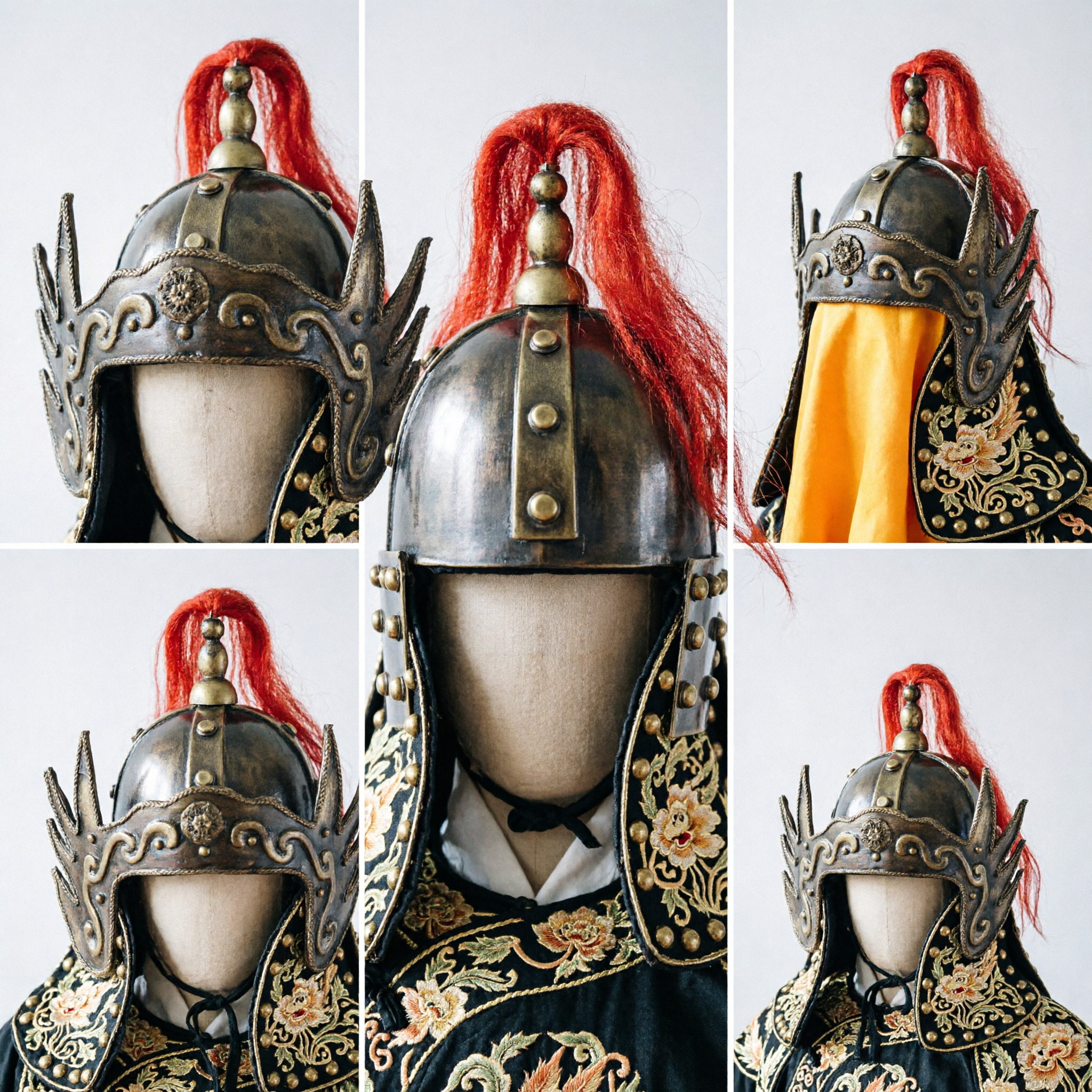Traditional Chinese General Warrior Helmet Black Leather Headgear with Red Plume for Beijing Opera Cosplay Performance - Asian Costume