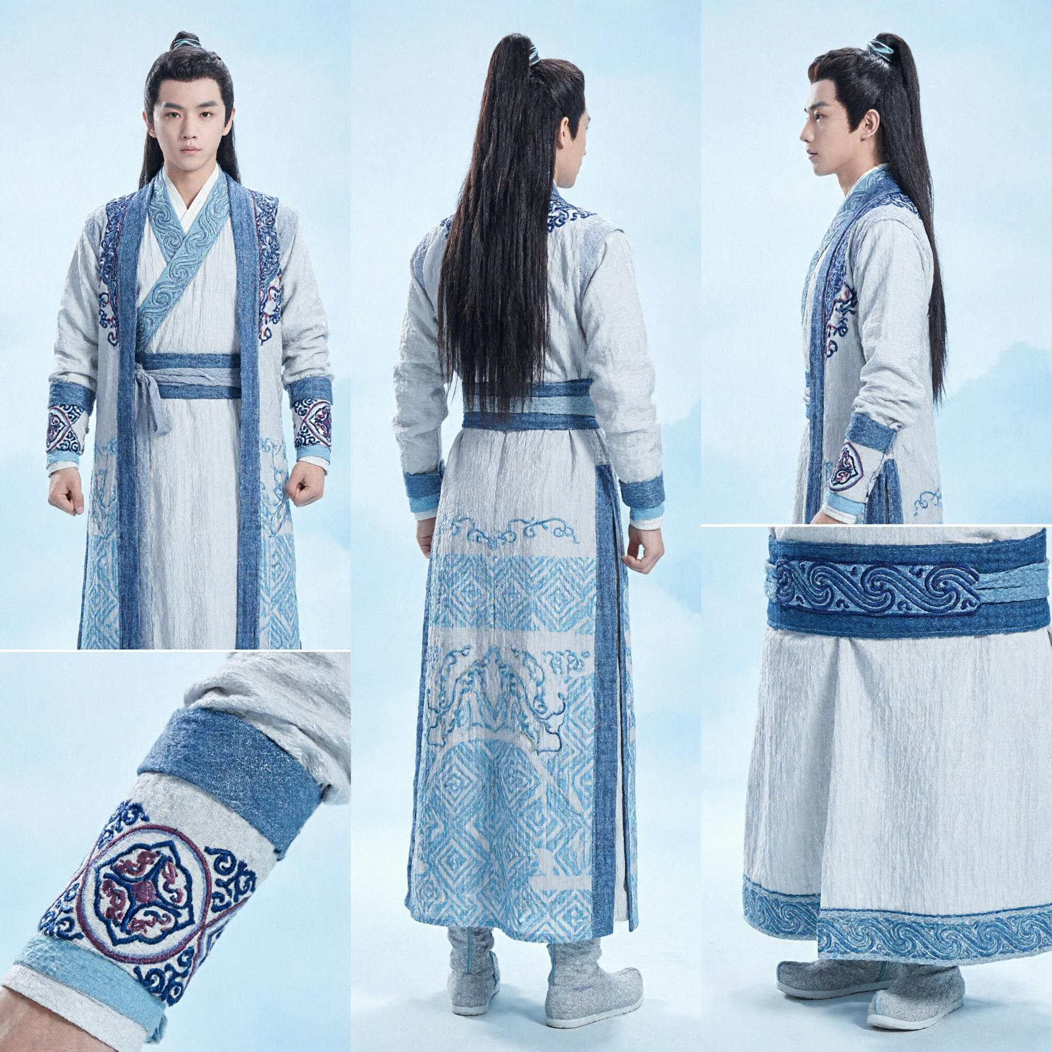Traditional Chinese Hanfu Costume Ancient Swordsman Wuxia Kung Fu Outfit Blue White Robe for Men Cosplay - Asian Costume