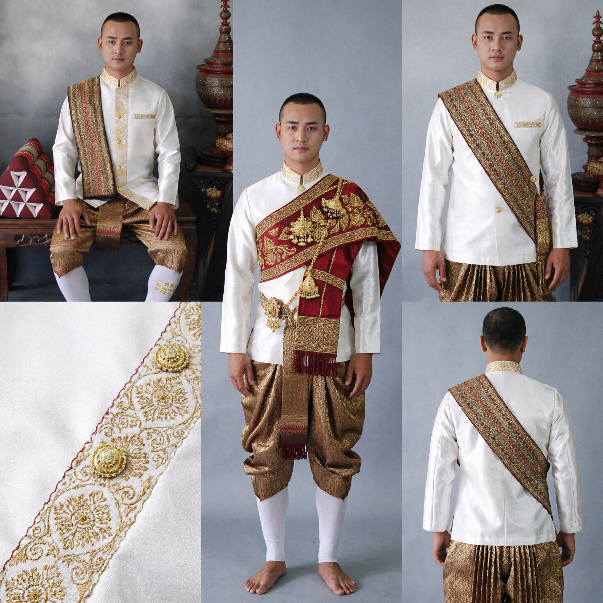 Men's Thai Traditional Wedding Costume Gold Embroidery Jacket Pants and Sash Set for Groom - Asian Costume