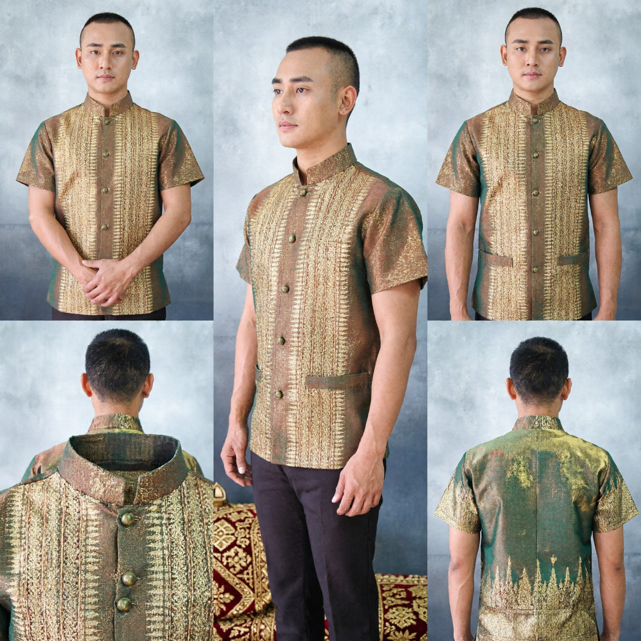 Men's Luxury Gold Brocade Short Sleeve Shirt Traditional Mandarin Collar Asian Wedding Party Costume Top - Asian Costume