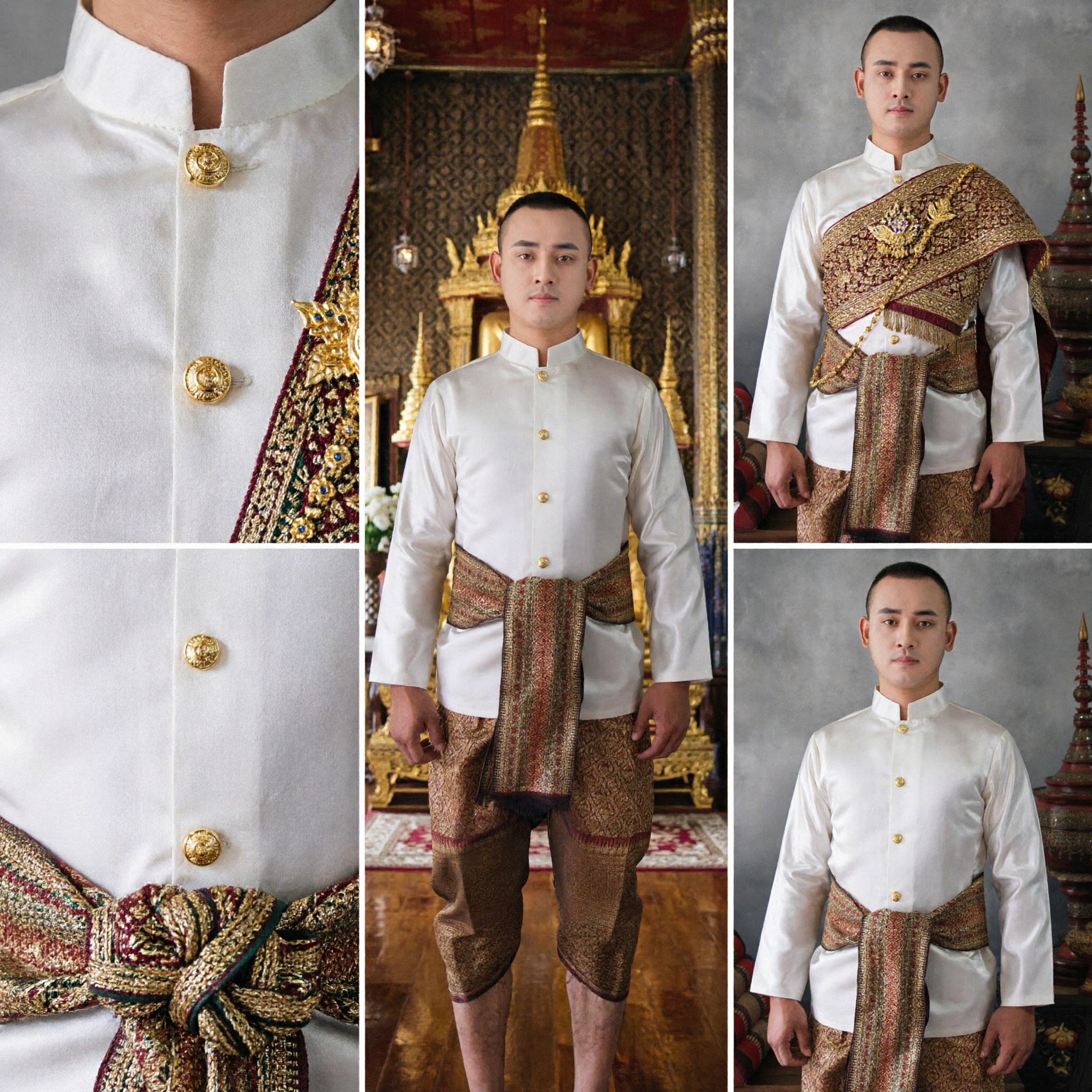 Traditional Thai Men's Formal Costume White Mandarin Collar Shirt with Brocade Sash for Weddings and Cultural Events - Asian Costume