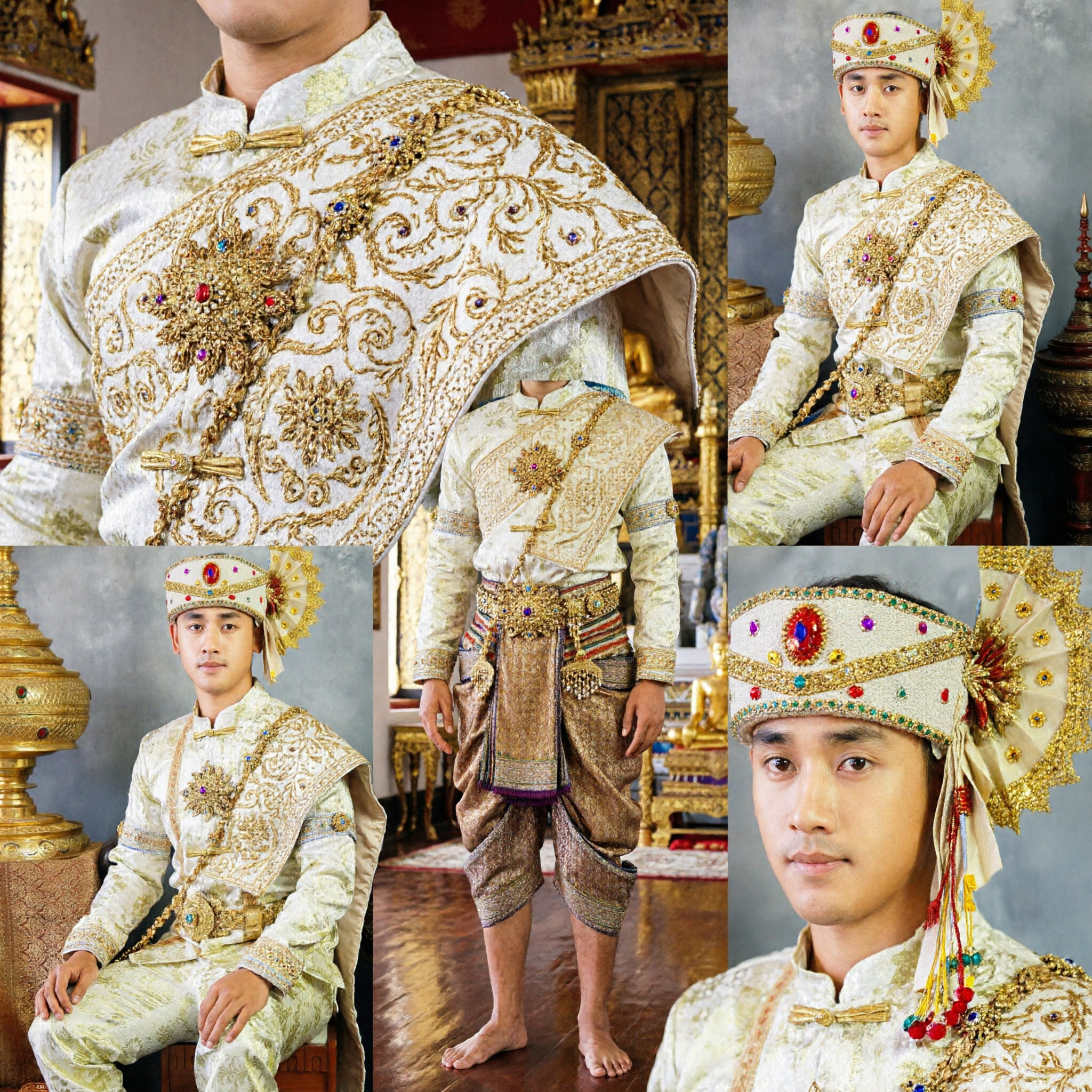 Traditional Dai Ethnic Minority Costume Men's Gold Brocade Prince Outfit for Folk Dance and Stage Performance - Asian Costume