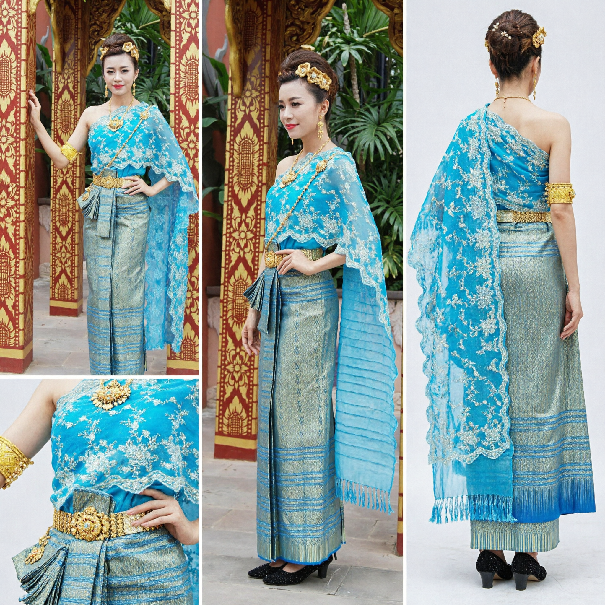 Elegant Thai Traditional Blue Lace Sabai Shawl and Gold Brocade Sinh Skirt Set for Women Cultural Events - Asian Costume