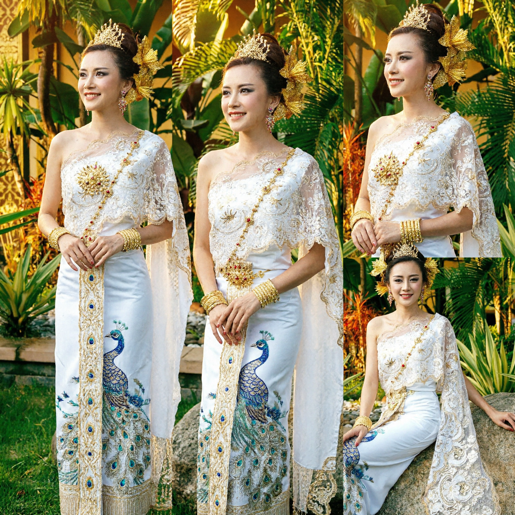 Elegant Thai Traditional Formal Dress One Shoulder Lace Top and Peacock Skirt for Women Wedding Dance - Asian Costume