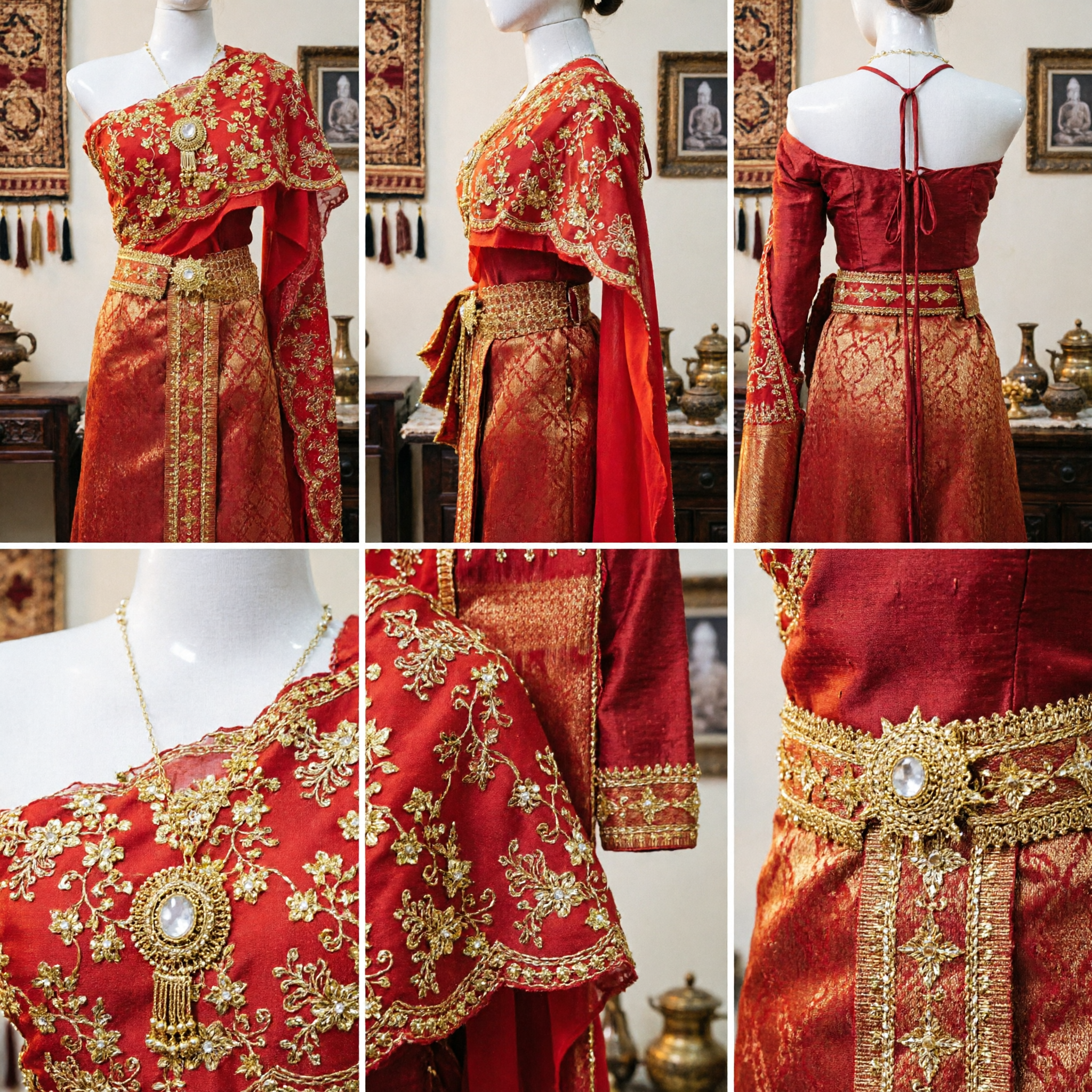 Exquisite Red Thai Traditional Wedding Costume with Gold Brocade Sabai and Sinh for Bridal Ceremonies - Asian Costume