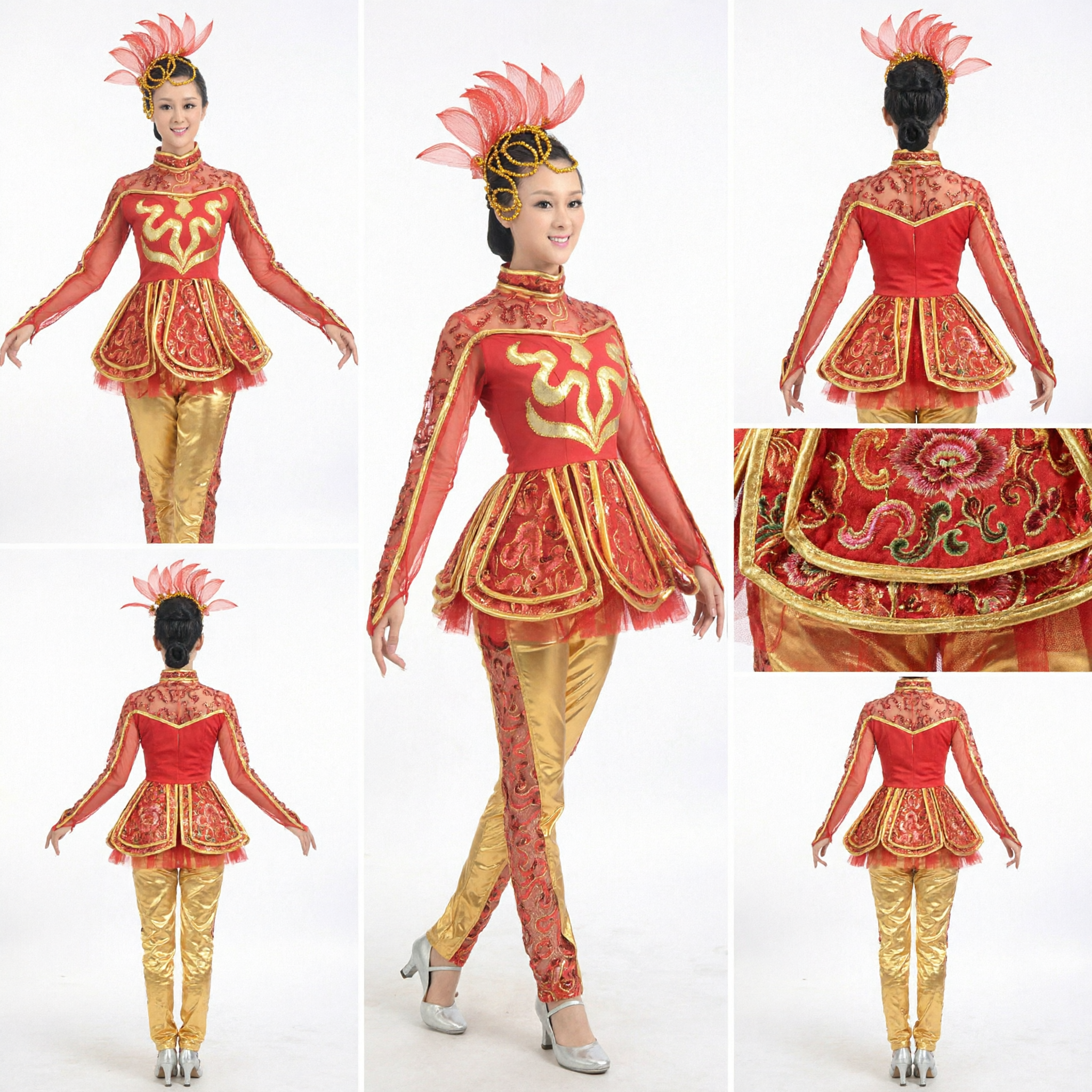 Women's Red and Gold Chinese Traditional Dance Costume Yangge Fan Dance Stage Performance Outfit with Headpiece - Asian Costume