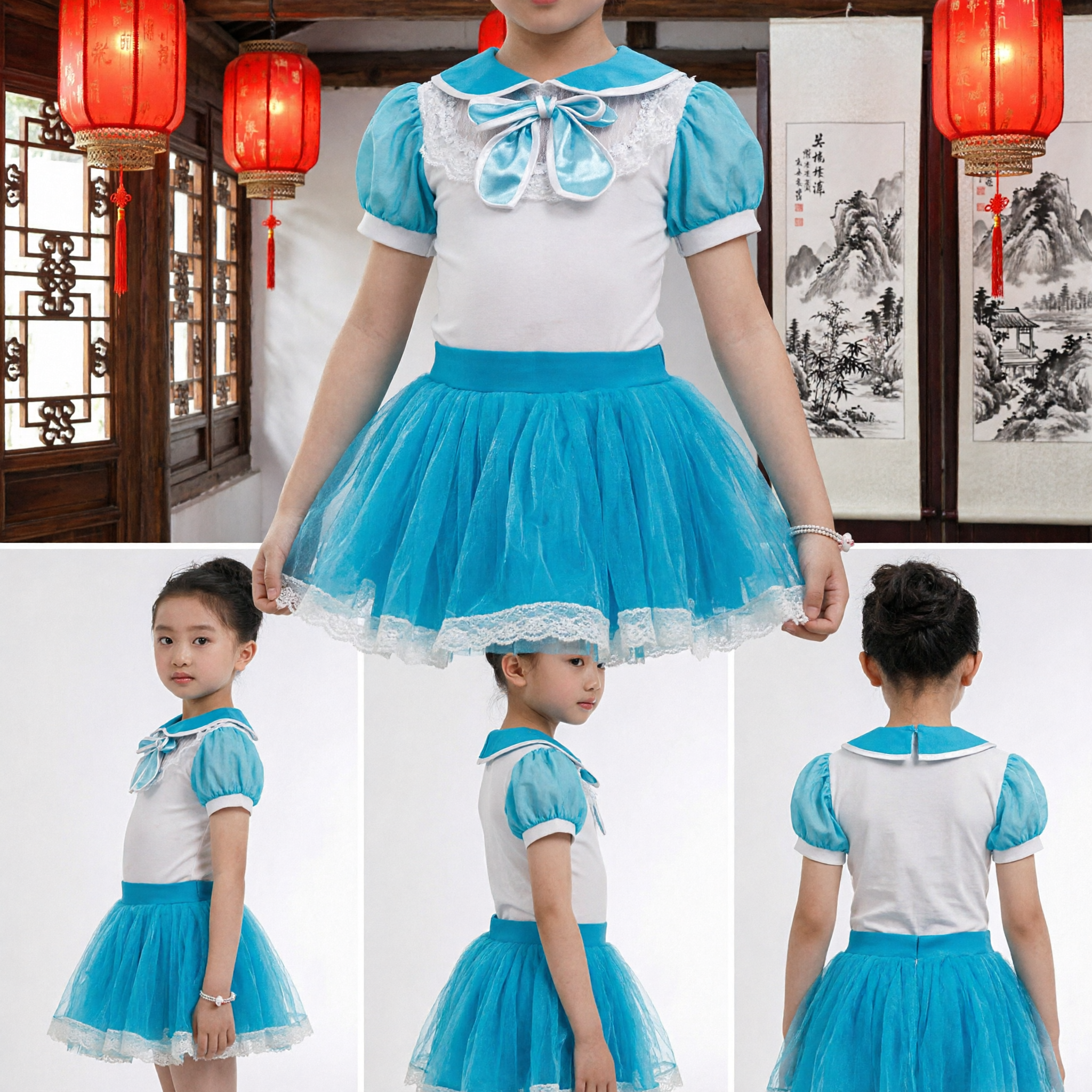 Girls Blue and White Sailor Style Dance Costume with Sequin Bow and Tulle Skirt for Performances - Asian Costume