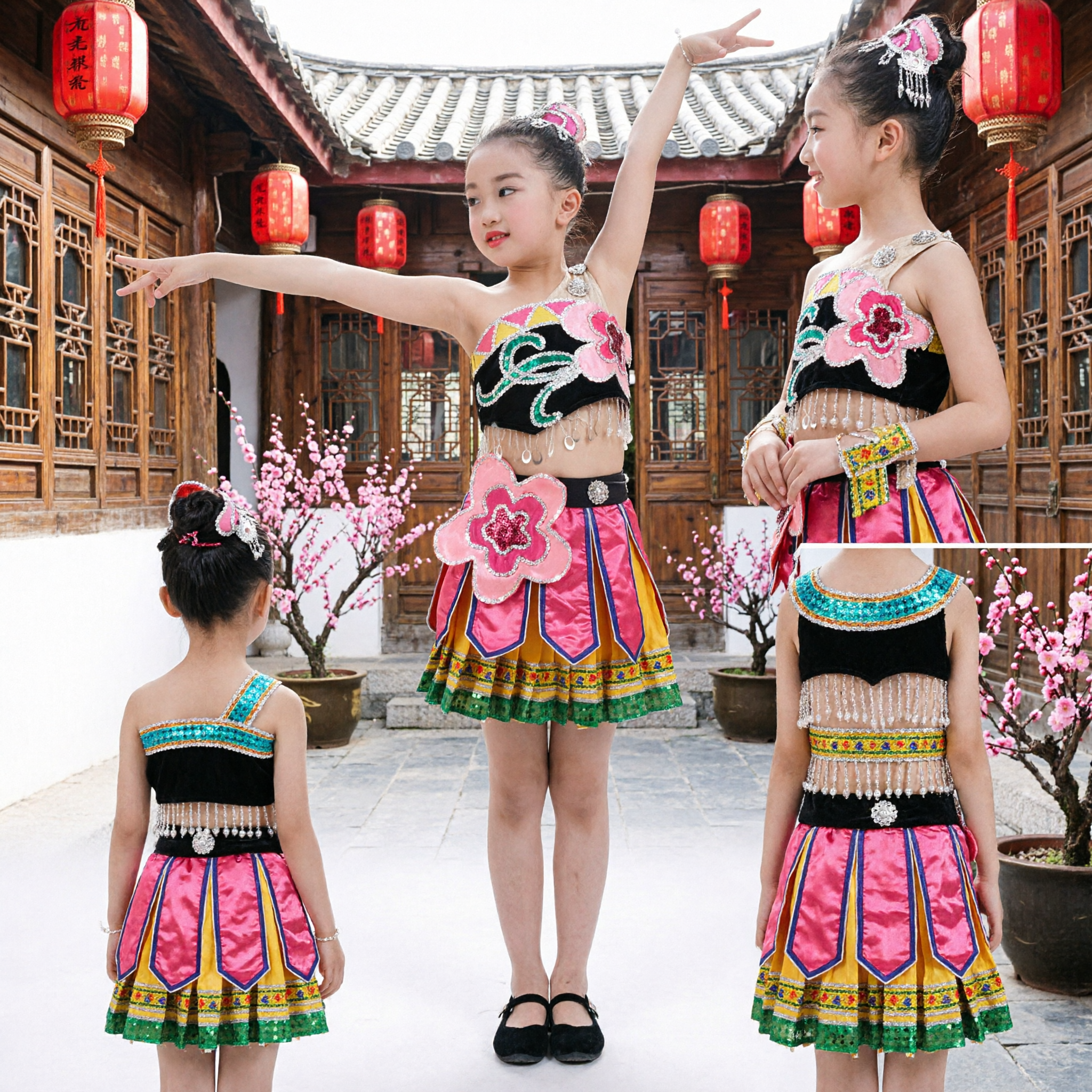 Kids Chinese Ethnic Dance Costume Girls Traditional Minority Stage Performance Dress Colorful Outfit - Asian Costume
