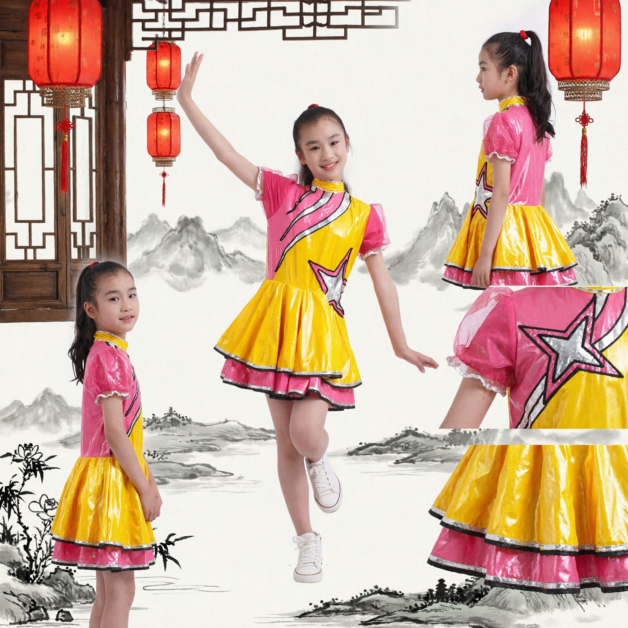 Kids Girls Yellow and Pink Star Modern Dance Costume for Stage Performance and Competitions - Asian Costume