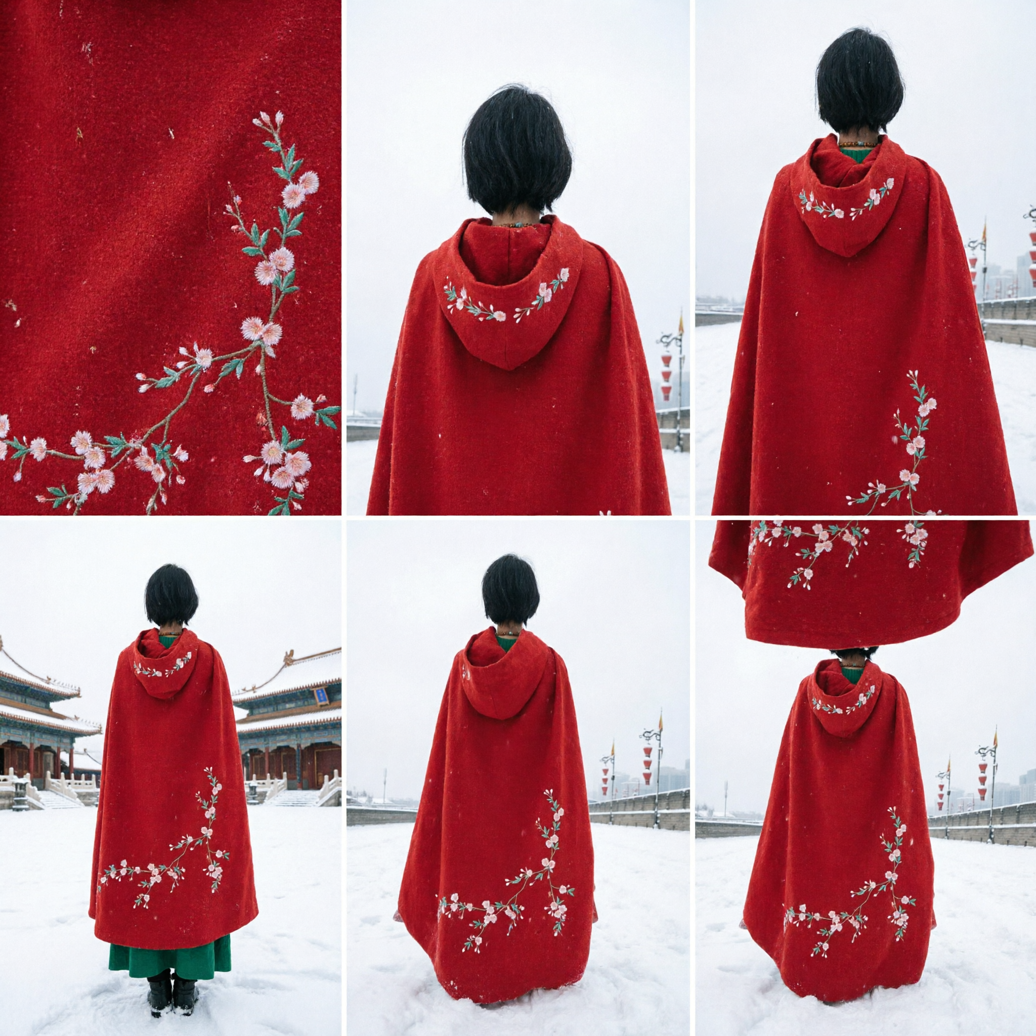Elegant Red Plum Blossom Embroidered Cape Cloak Traditional Chinese Hanfu Winter Coat for Women - Asian Costume