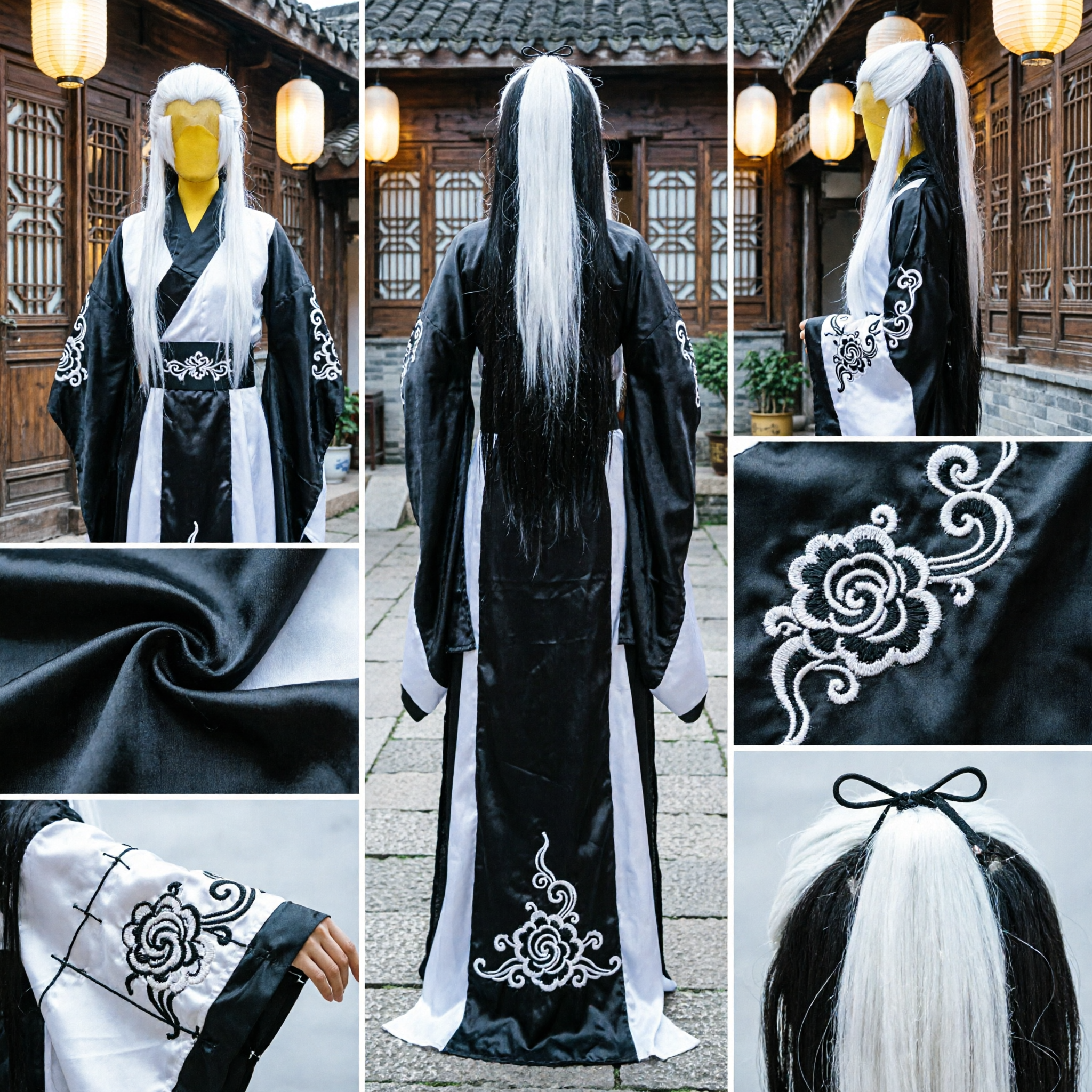 Long Black and White High Ponytail Wig for Traditional Chinese Wuxia Cosplay Ancient Costume - Asian Costume