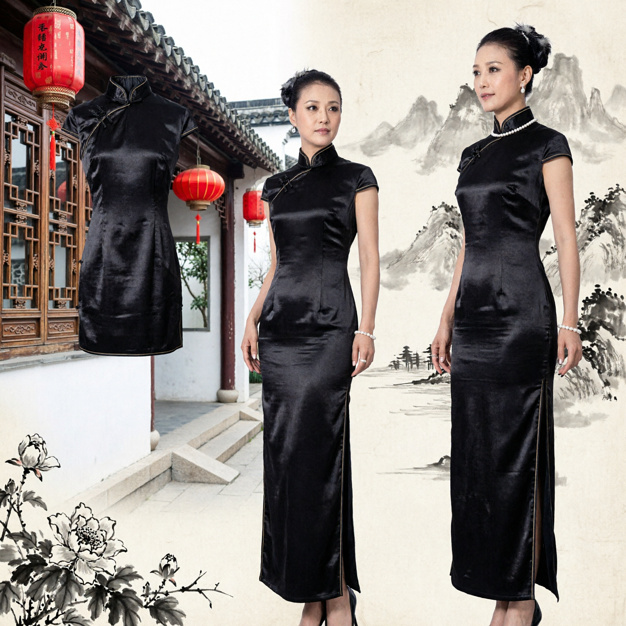 Elegant Black Qipao Evening Gown with Ruffle Sleeves and Keyhole Neckline for Women Formal Wear - Asian Costume