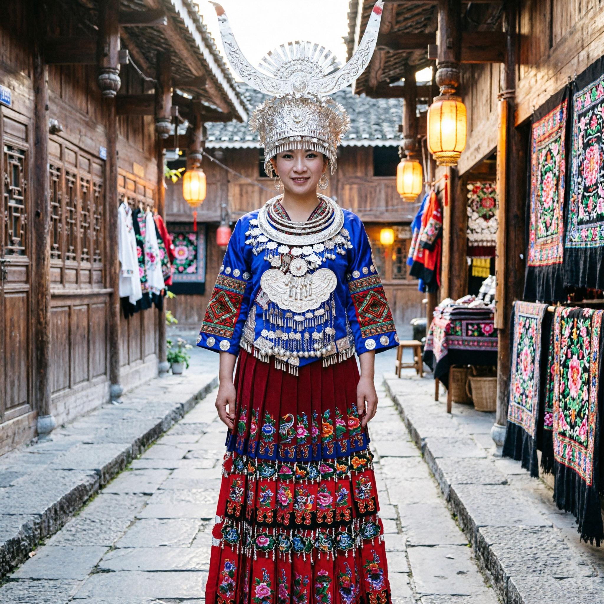 Traditional Chinese Miao Ethnic Costume Women Blue Embroidered Top Red Skirt Silver Headdress Folk Dance Dress - Asian Costume