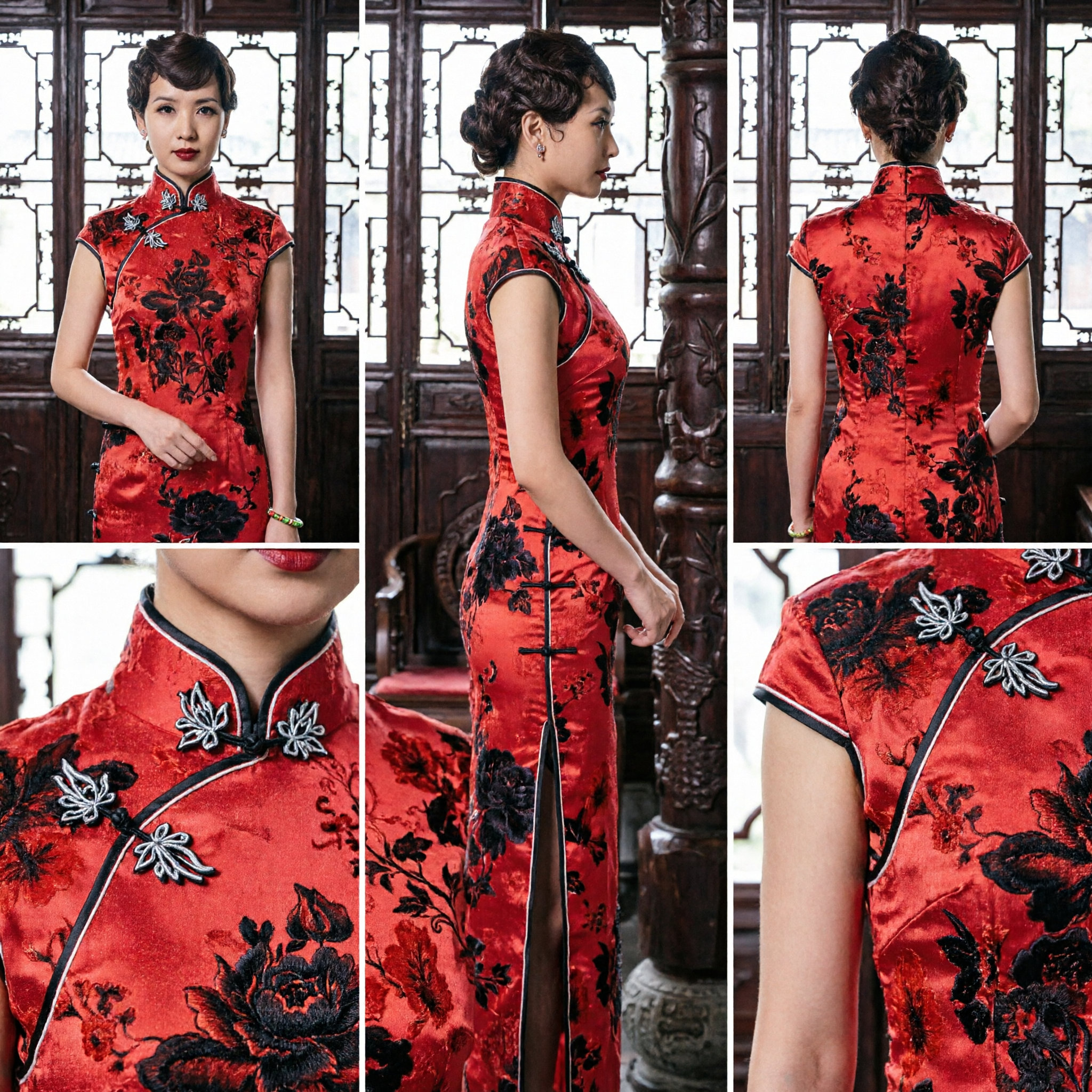Traditional Red Black Floral Silk Qipao Chinese Cheongsam Dress Women Vintage Wedding Party Evening Gown - Asian Costume