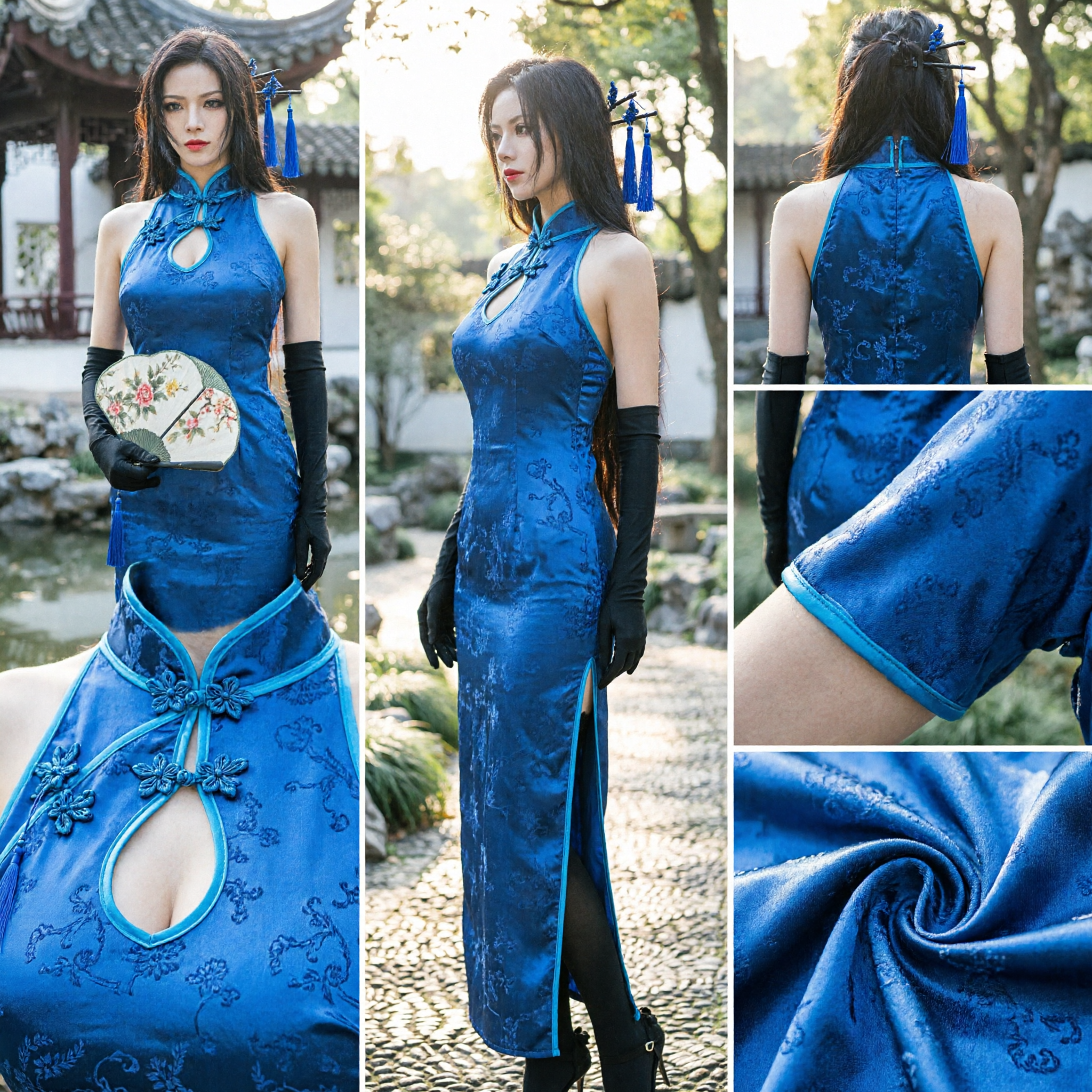 Women's Blue Traditional Chinese Cheongsam Qipao Dress Sleeveless Mandarin Collar Side Slit Costume for Cosplay Parties - Asian Costume