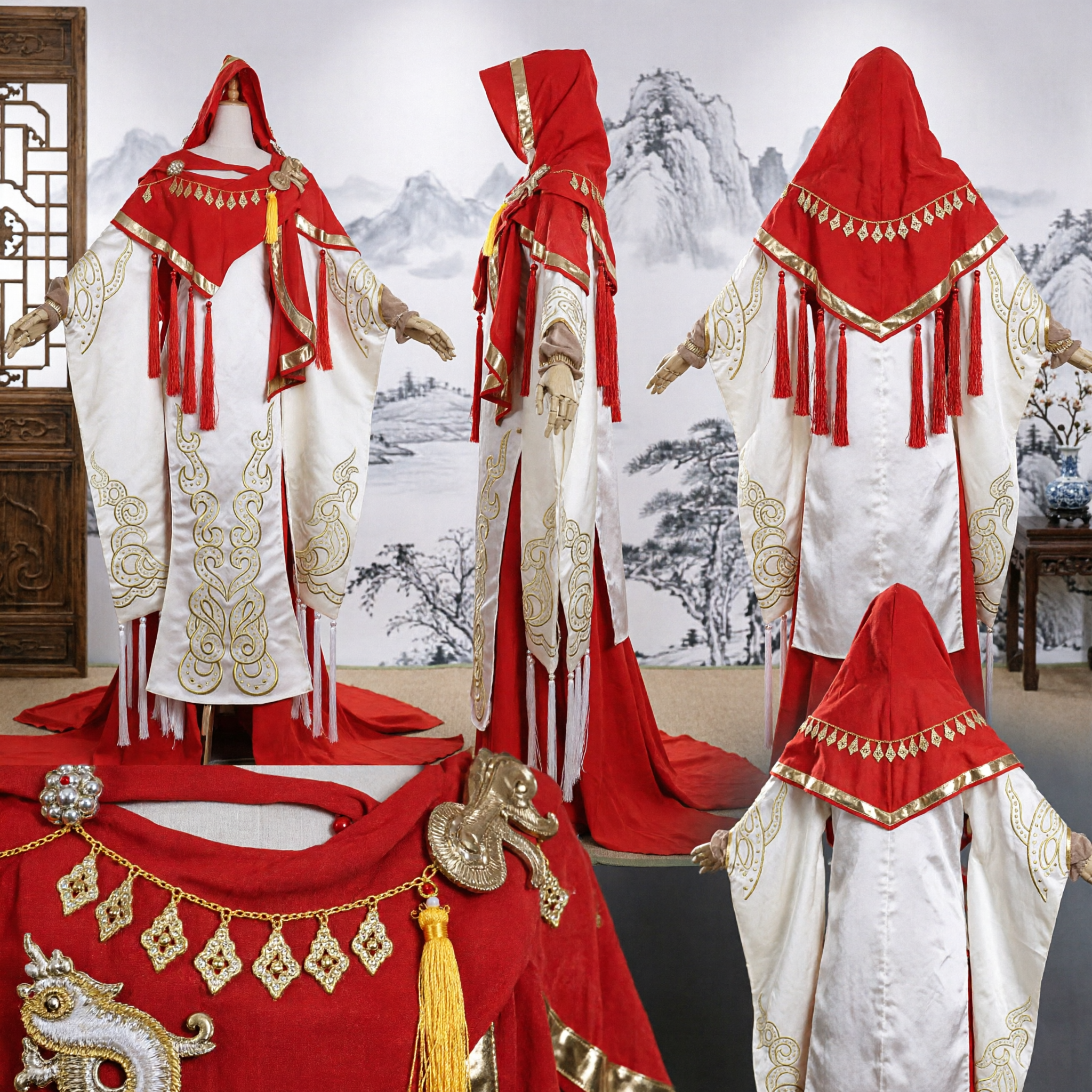 Traditional Chinese Hanfu Costume Red Hooded Cape White Robe Gold Embroidery Ancient Style Cosplay Dress for Women - Asian Costume