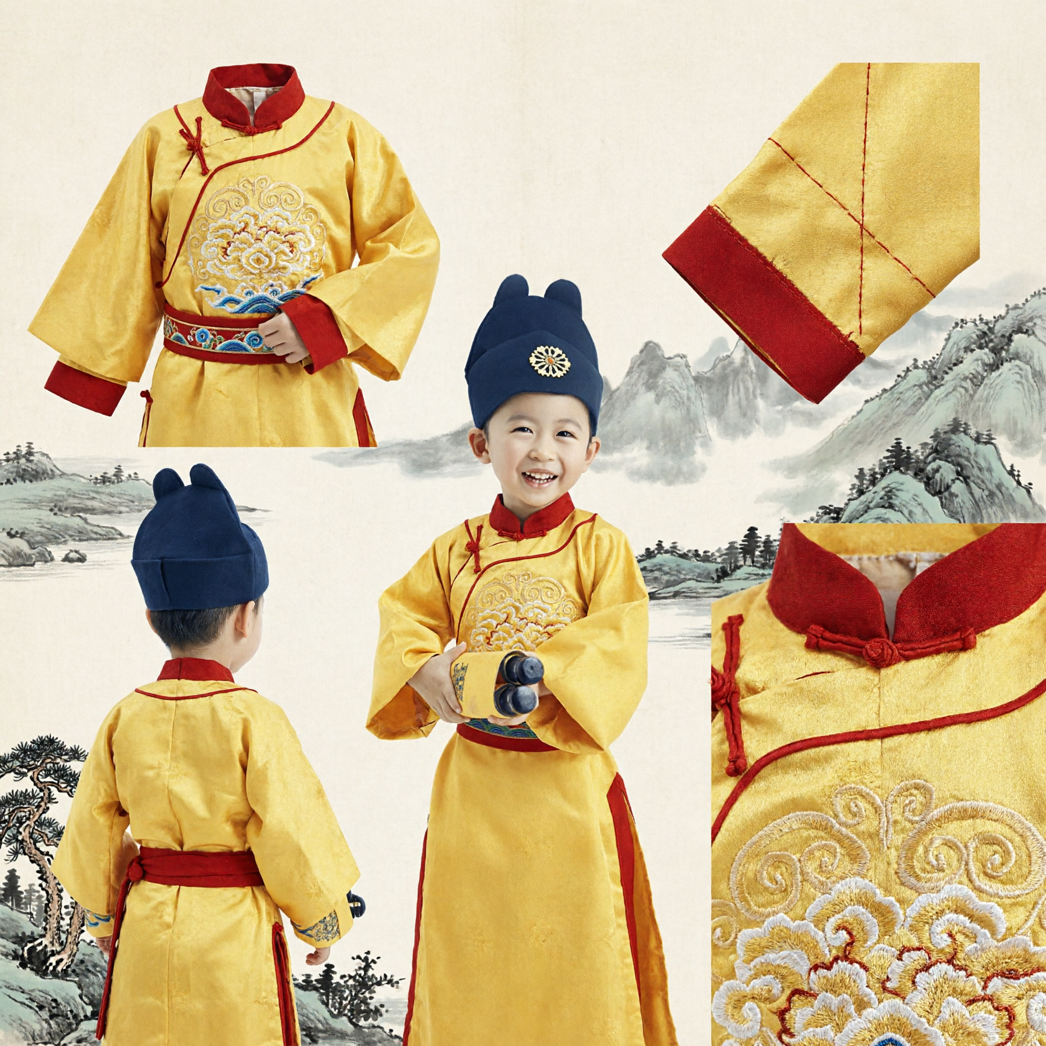 Kids Traditional Chinese Ancient Official Costume Yellow Robe and Hat for Boys Cosplay Performance - Asian Costume