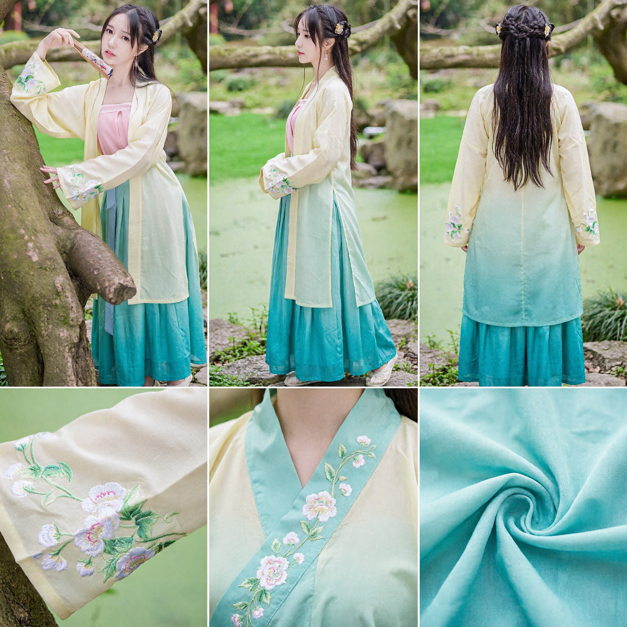 Women's Traditional Chinese Hanfu Costume Yellow Embroidered Robe Pink Inner Top Green Skirt Ancient Fashion Dress - Asian Costume