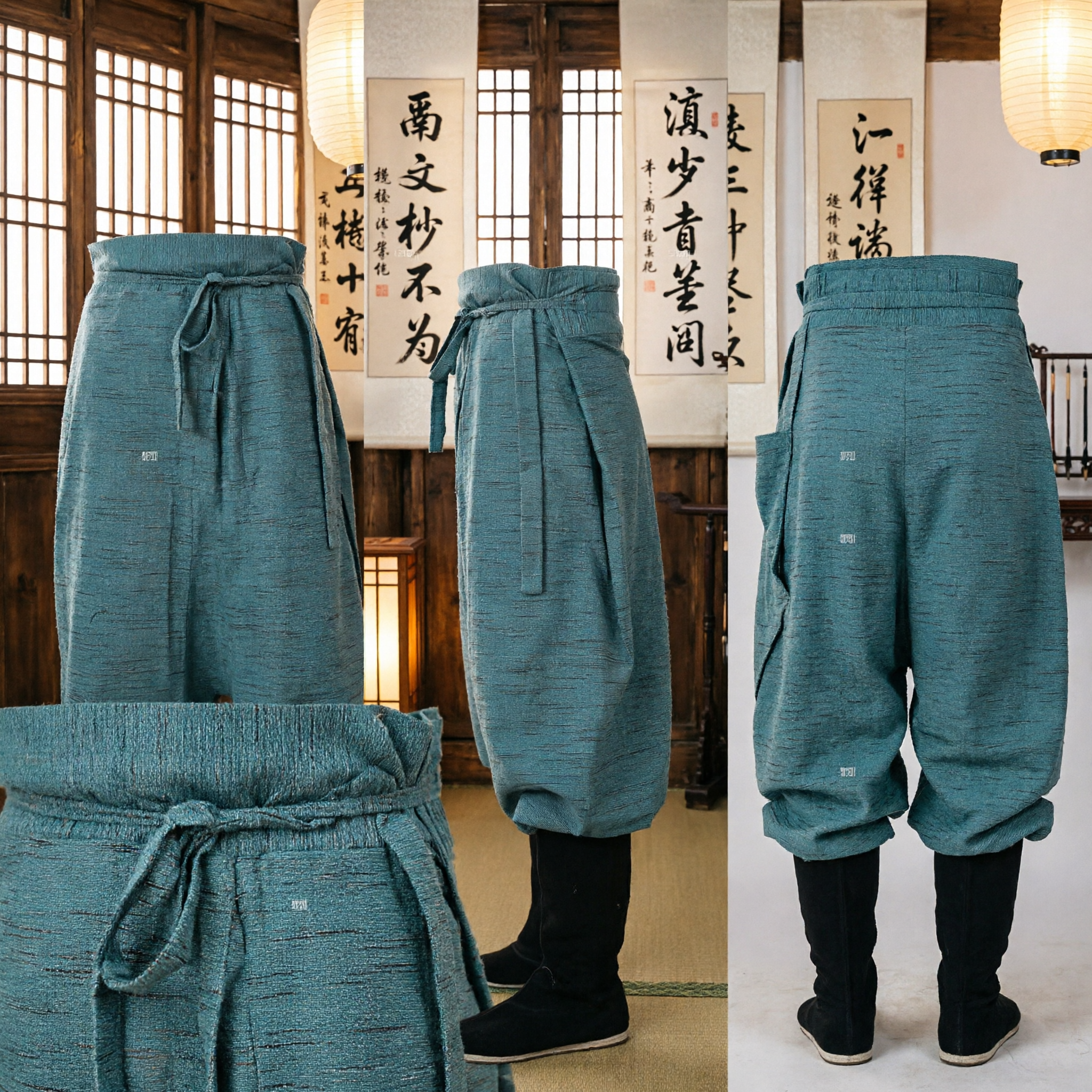 Traditional Chinese Martial Arts Pants Teal Linen Kung Fu Tai Chi Uniform Bottoms for Men and Women - Asian Costume