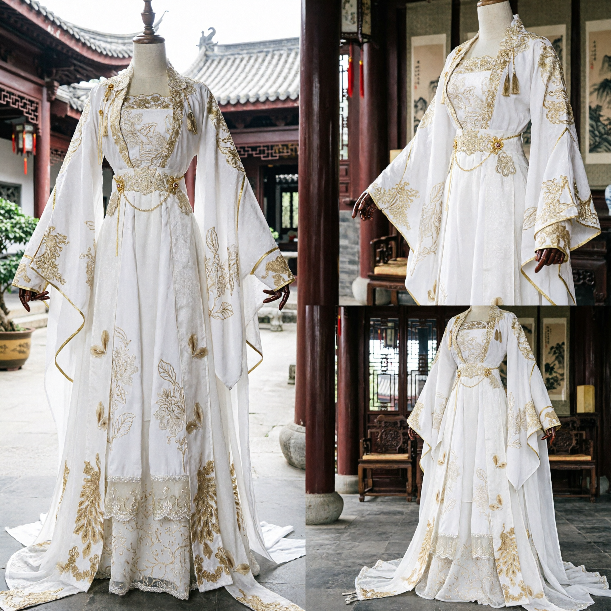Elegant White Gold Embroidery Chinese Hanfu Traditional Tang Dynasty Ruqun Dress Women Ancient Costume Wedding - Asian Costume