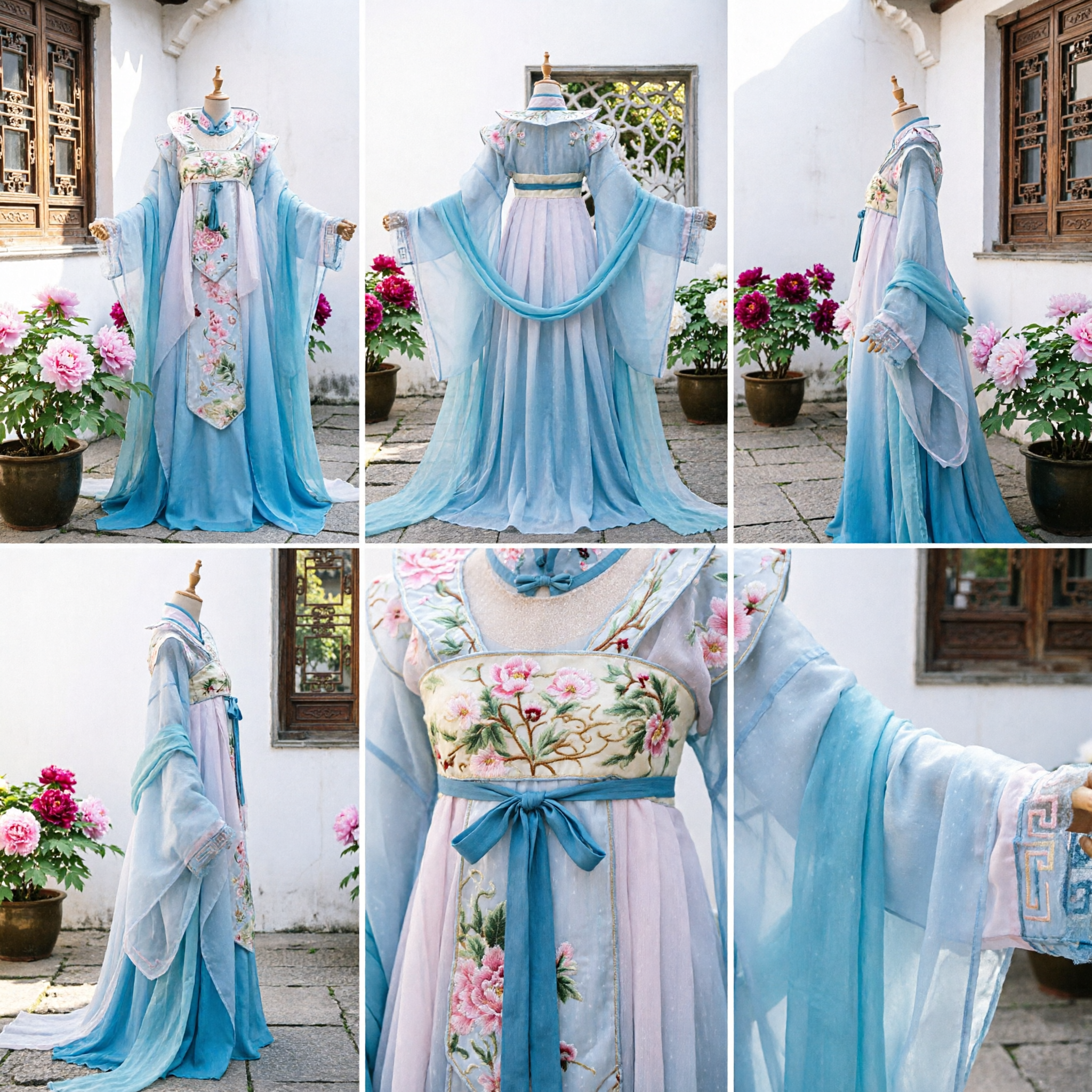 Elegant Blue Floral Hanfu Traditional Chinese Tang Dynasty Princess Costume for Women Cosplay Photography - Asian Costume