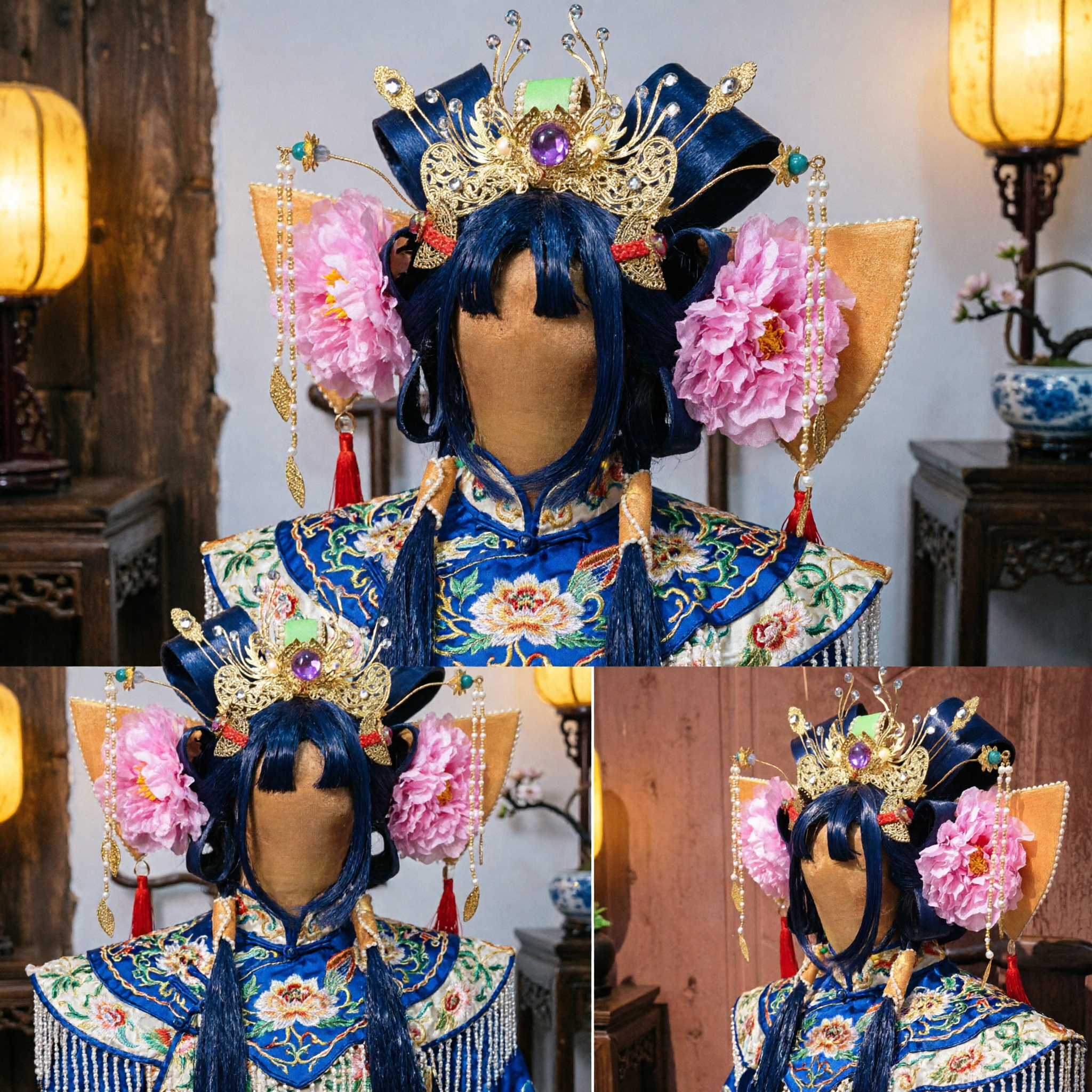 Exquisite Traditional Chinese Ancient Princess Hair Accessories Set with Wig and Gold Crown for Hanfu Cosplay - Asian Costume