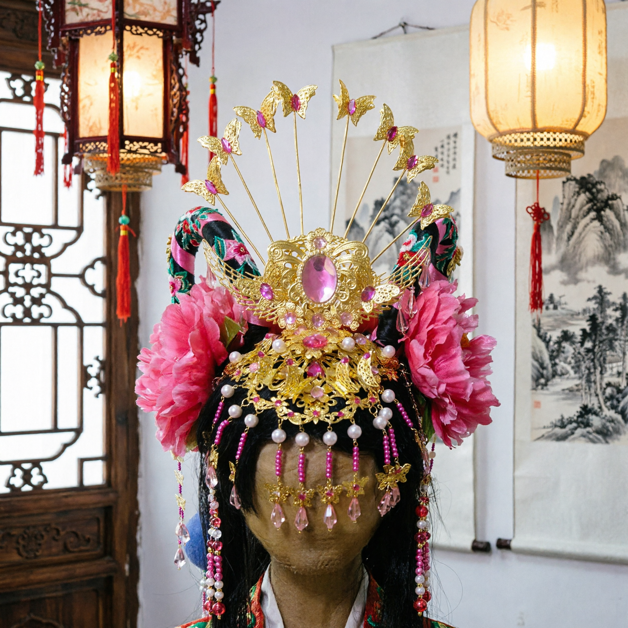 Traditional Chinese Opera Butterfly Headdress Pink Flower Crown for Peking Opera Performance Cosplay Halloween Costume - Asian Costume