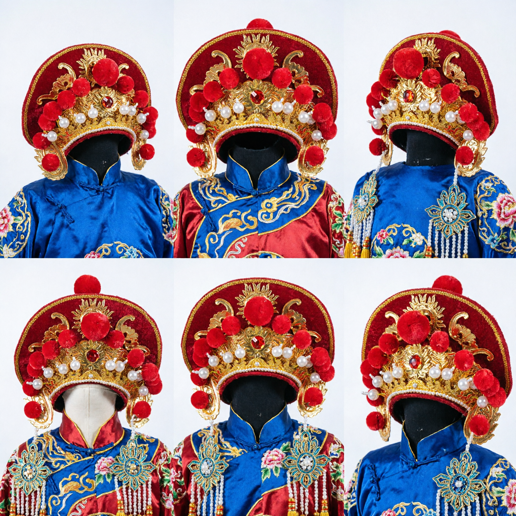 Traditional Chinese Peking Opera Phoenix Crown Headpiece Red Gold Velvet Headdress with Pom-poms for Women - Asian Costume