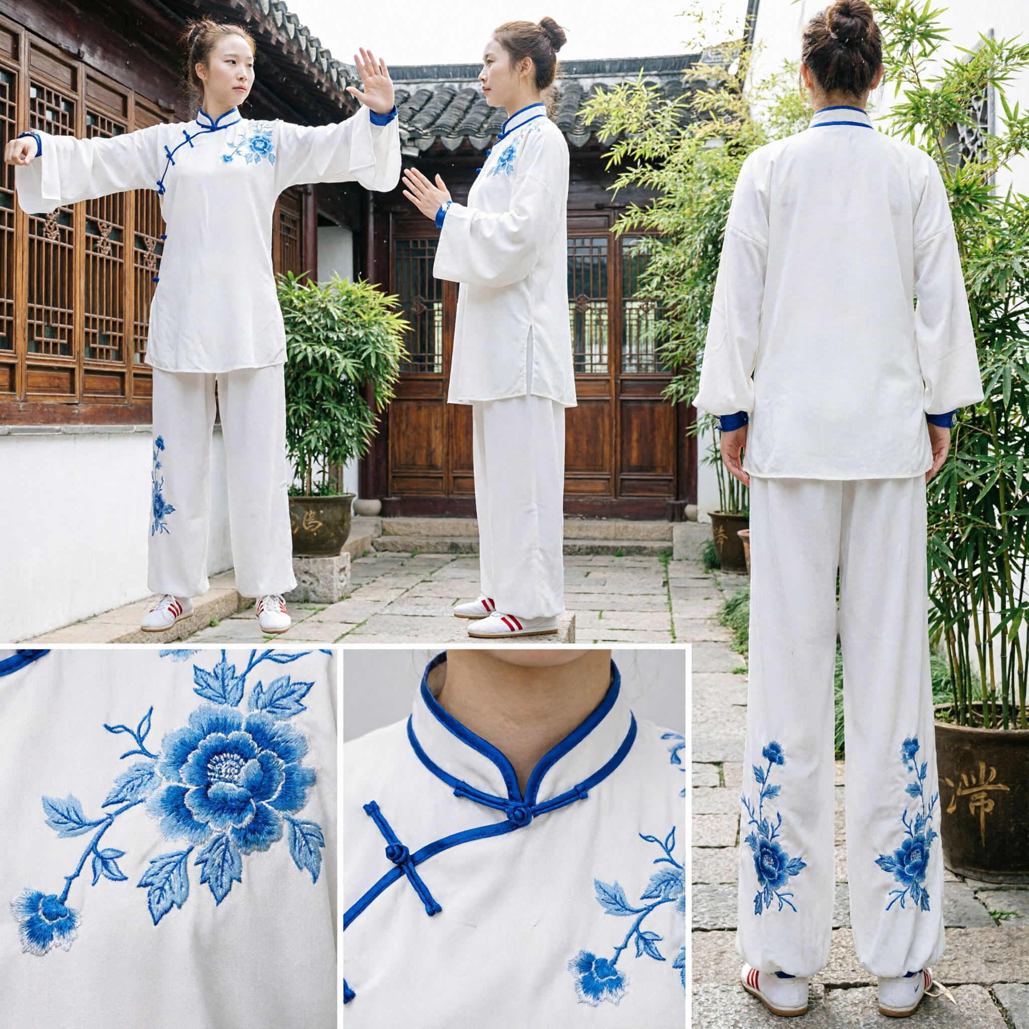 Women's Traditional White Tai Chi Uniform Blue Floral Embroidery Silk Kung Fu Wushu Martial Arts Costume Set - Asian Costume