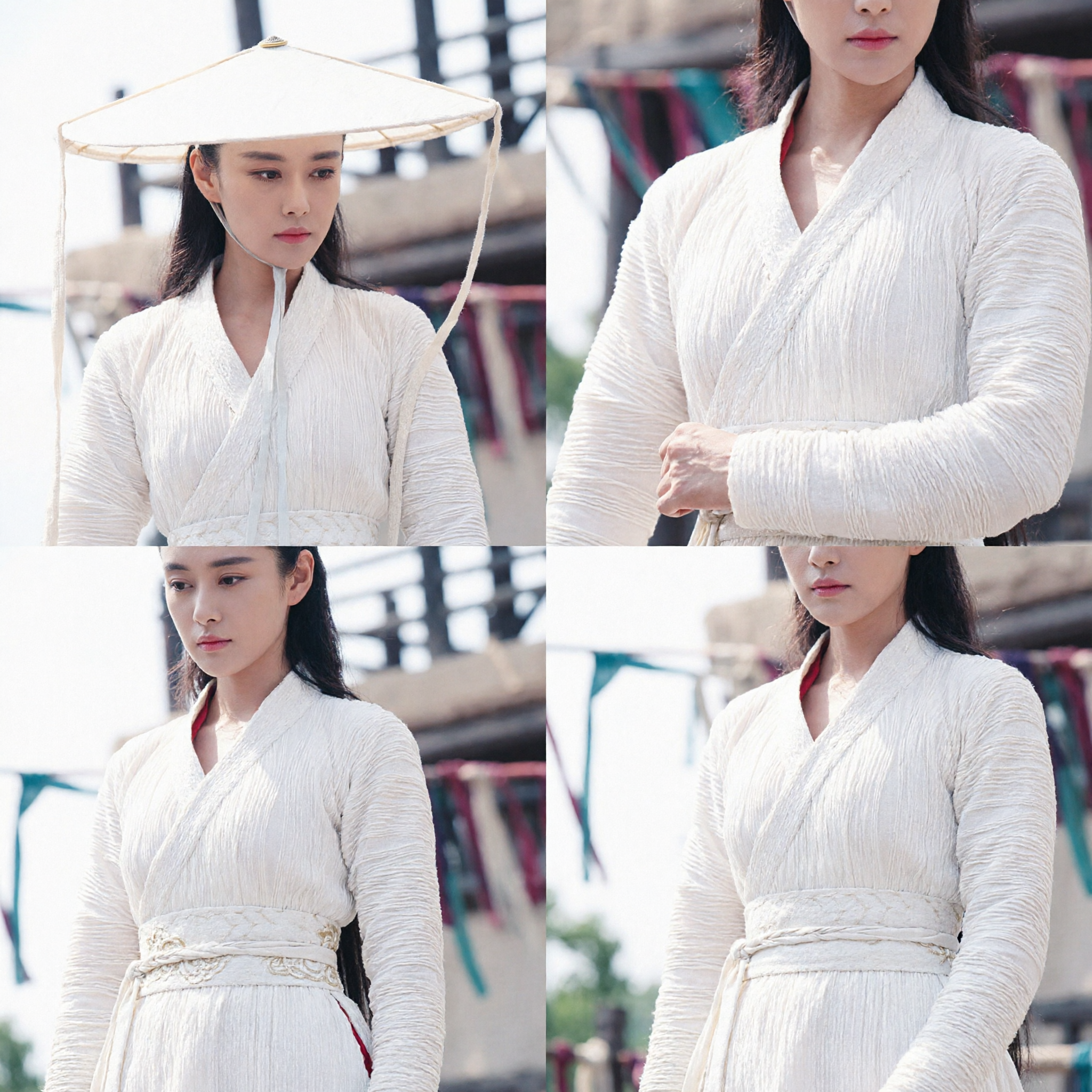 Ancient Chinese Wuxia Swordswoman Costume White Hanfu Robe Set with Bamboo Hat for Women Cosplay Performance - Asian Costume