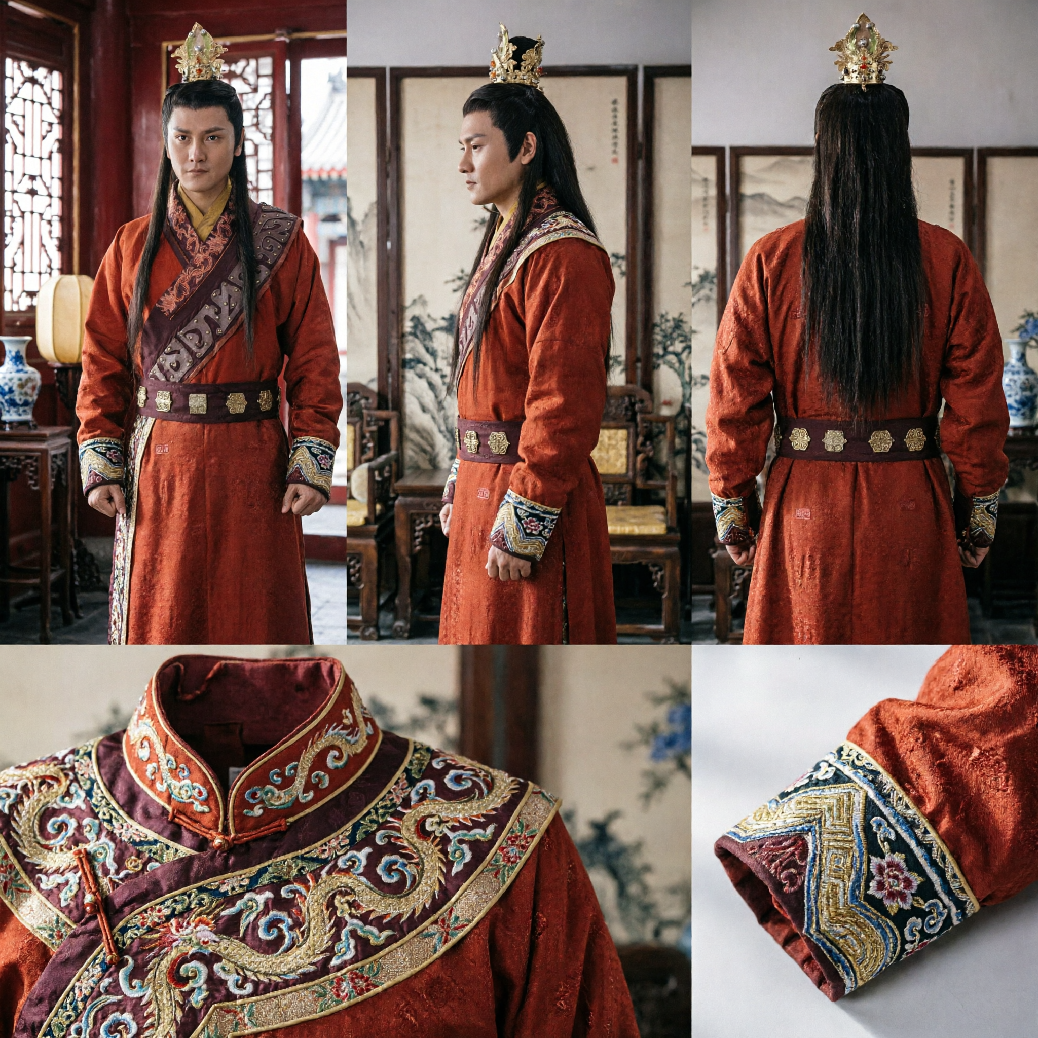 Men's Ancient Chinese Prince Hanfu Costume Traditional Historical Drama Cosplay Red Embroidered Robe Set - Asian Costume