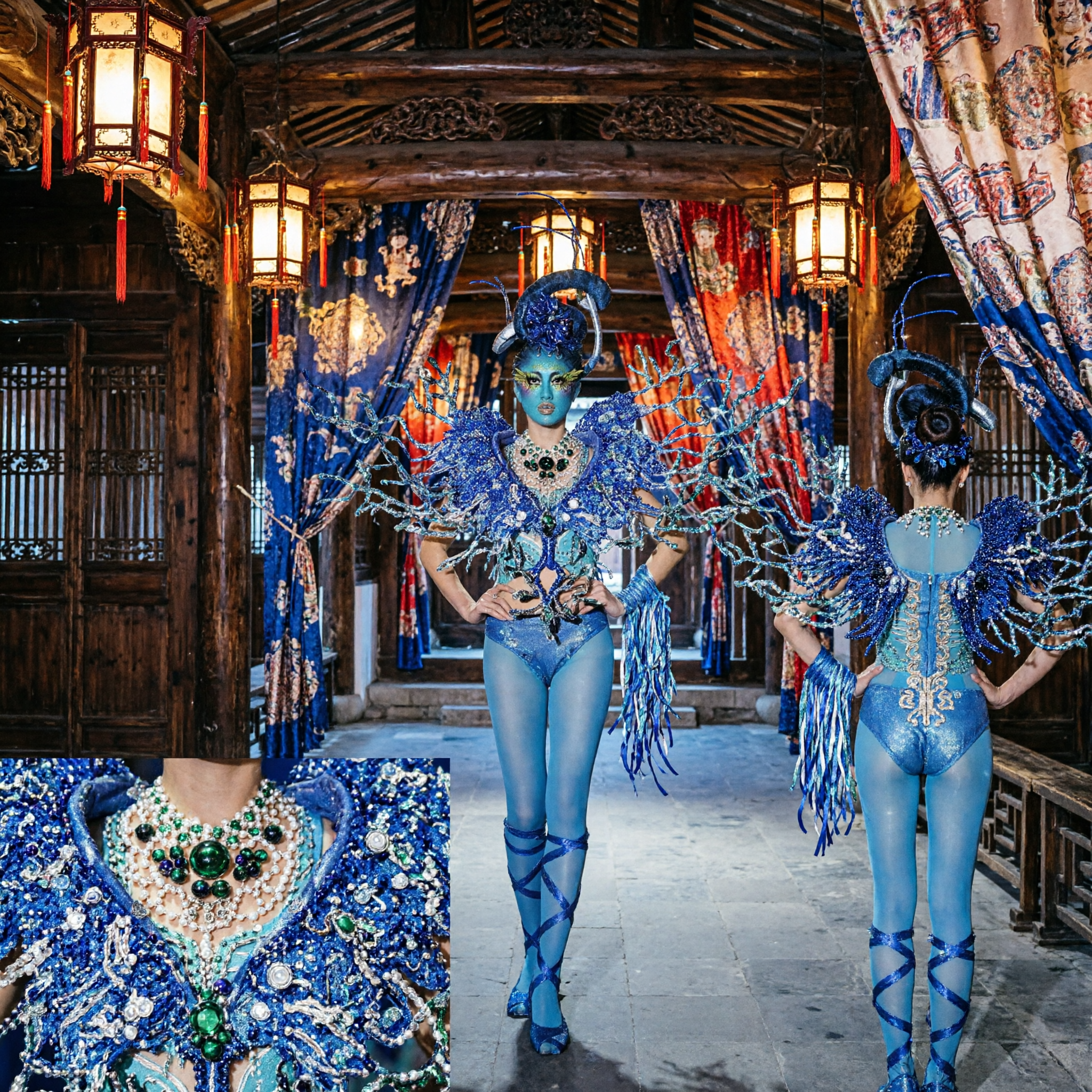 Women's Blue Sequin Carnival Costume with Feather Headdress and Crystal Wings for Stage Dance Performance - Asian Costume