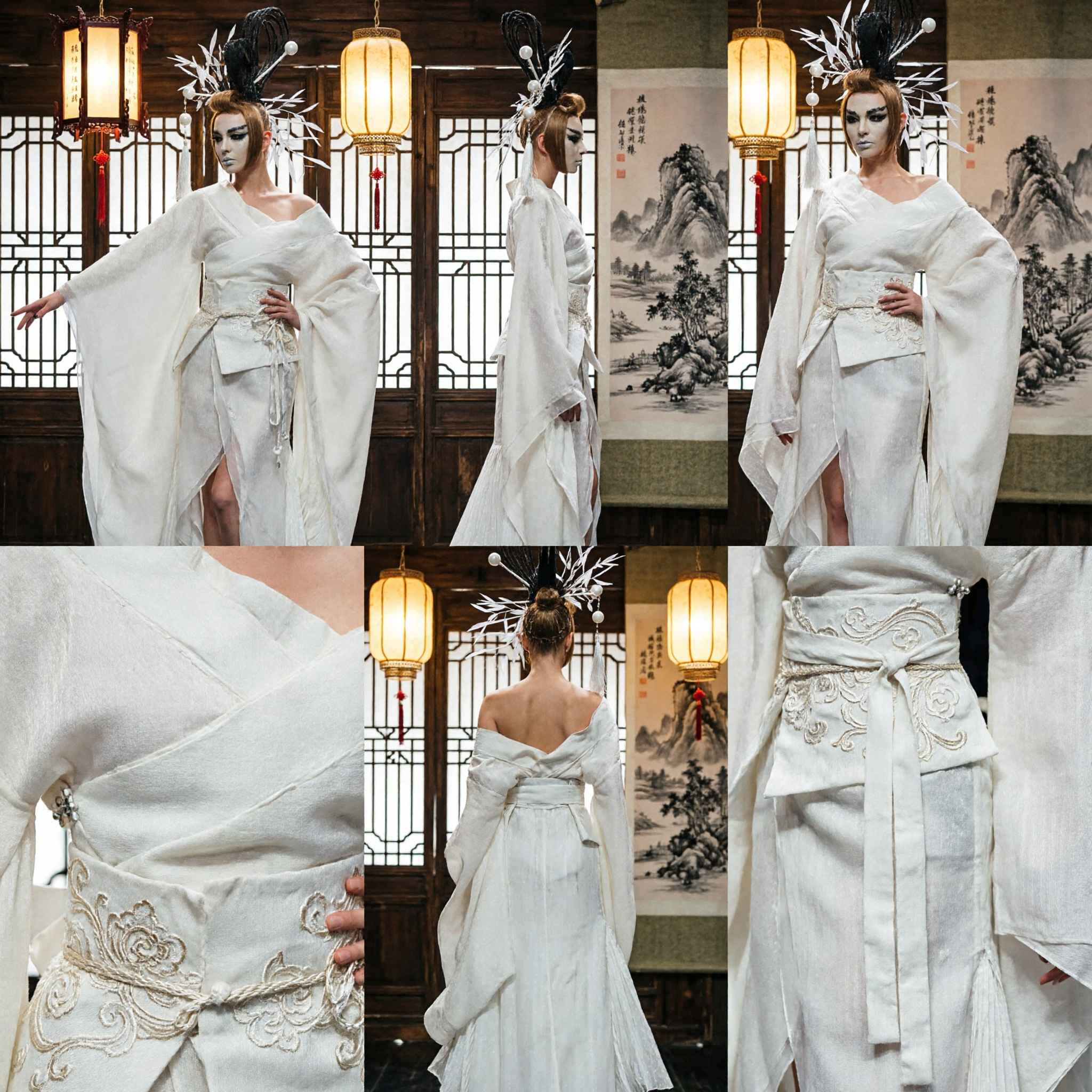 Luxury Silver Sequin Chinese Wedding Dress with Gold Embroidered Cape for Bridal Toast and Gala - Asian Costume