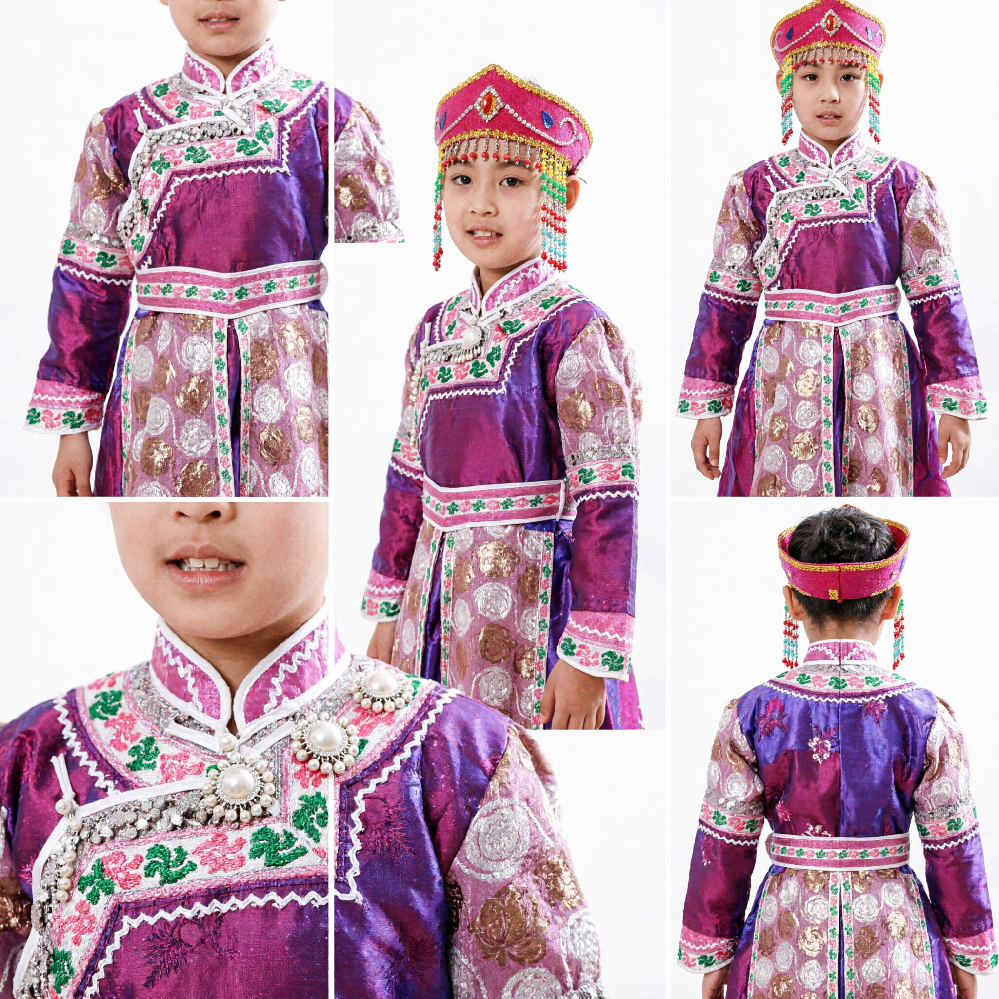 Chinese Traditional Mongolian Dance Costume for Kids Girls Purple Ethnic Minority Performance Dress with Hat - Asian Costume