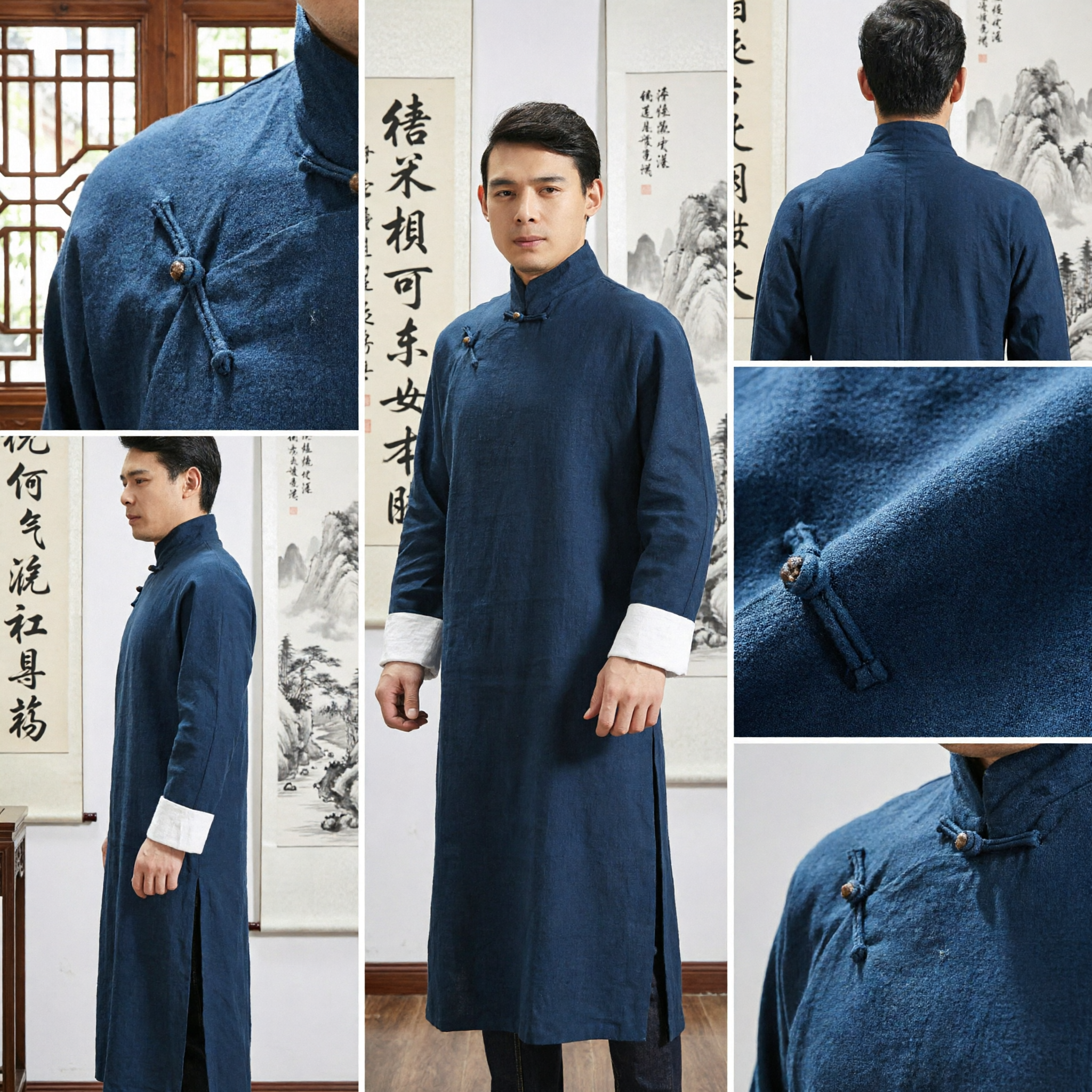 Men's Traditional Chinese Changshan Long Robe Blue Linen Tang Suit Kung Fu Uniform Mandarin Collar for Tea Ceremony - Asian Costume