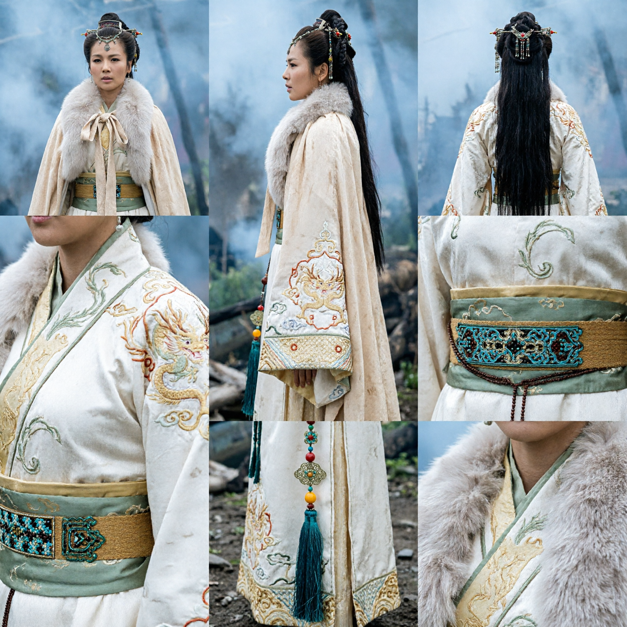 Elegant Ancient Chinese Hanfu Costume Cream Fur Cloak Traditional Dress for Women Historical Cosplay - Asian Costume