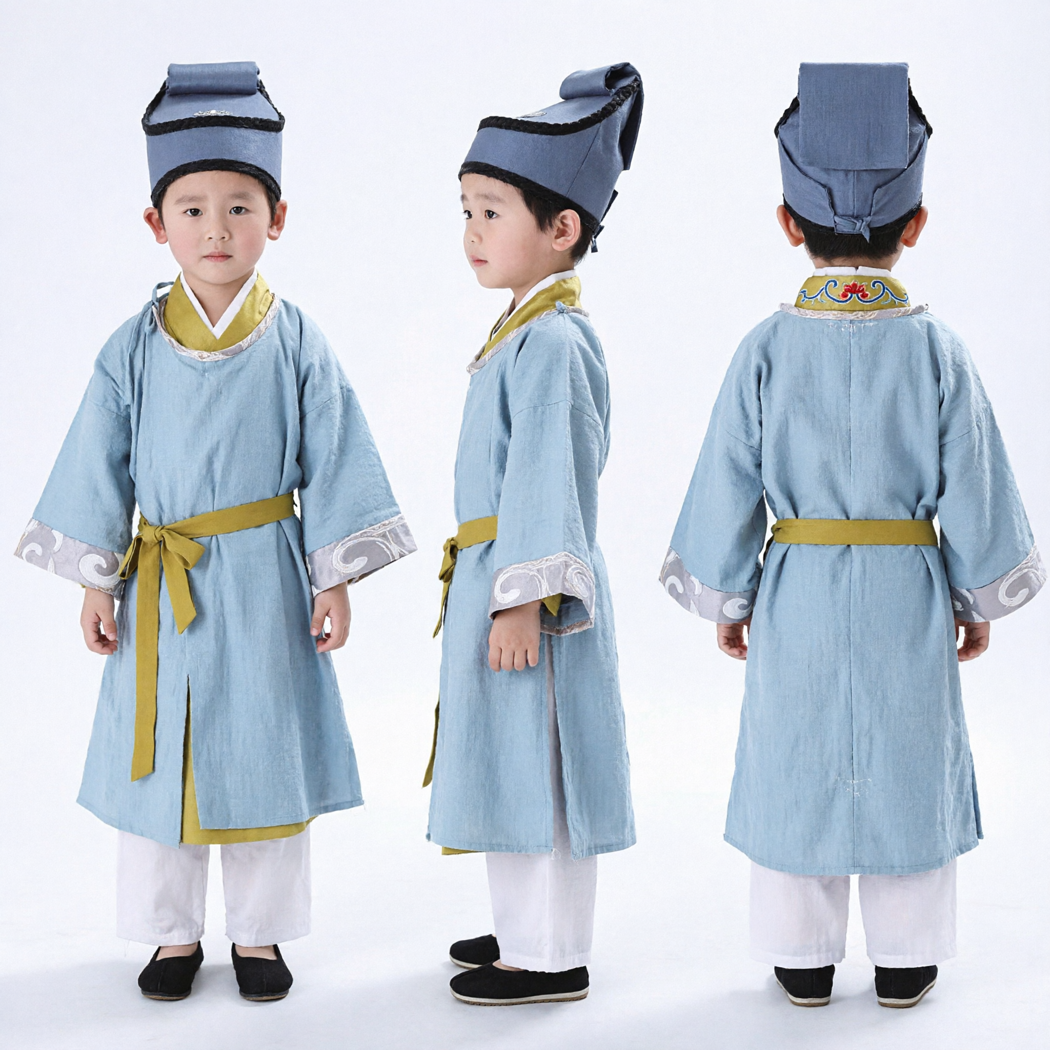 Traditional Chinese Scholar Hanfu Costume for Kids Boys Ancient Blue Robe with Hat for Performance - Asian Costume