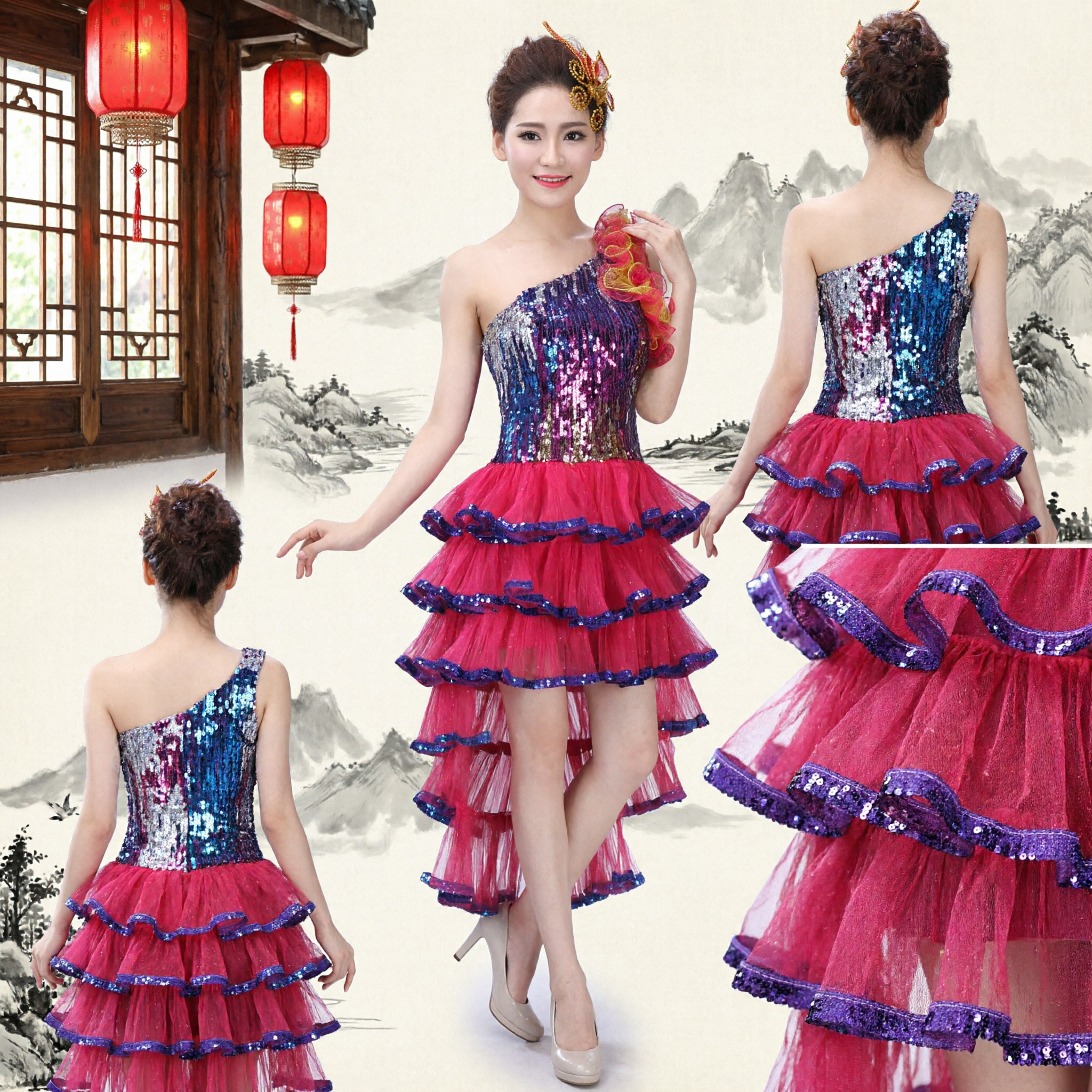 Women's One-Shoulder Sequin Latin Dance Dress Modern Stage Performance Costume with Tiered Ruffle Skirt - Asian Costume