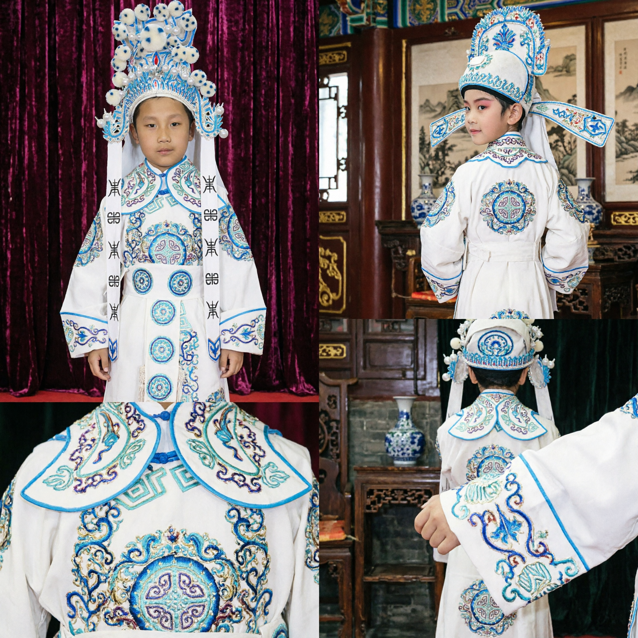 Traditional Chinese Peking Opera Costume for Kids White General Warrior Robe with Headdress for Stage Performance - Asian Costume