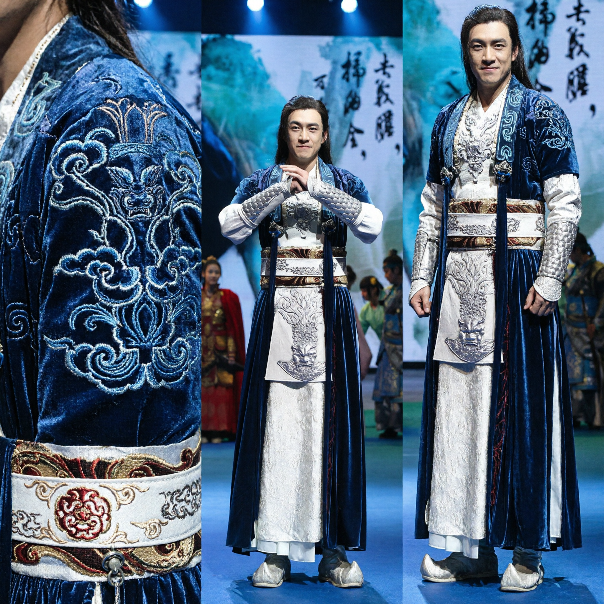 Ancient Chinese General Costume Men Blue Silver Armor Warrior Hanfu Cosplay Outfit for Stage Performance - Asian Costume