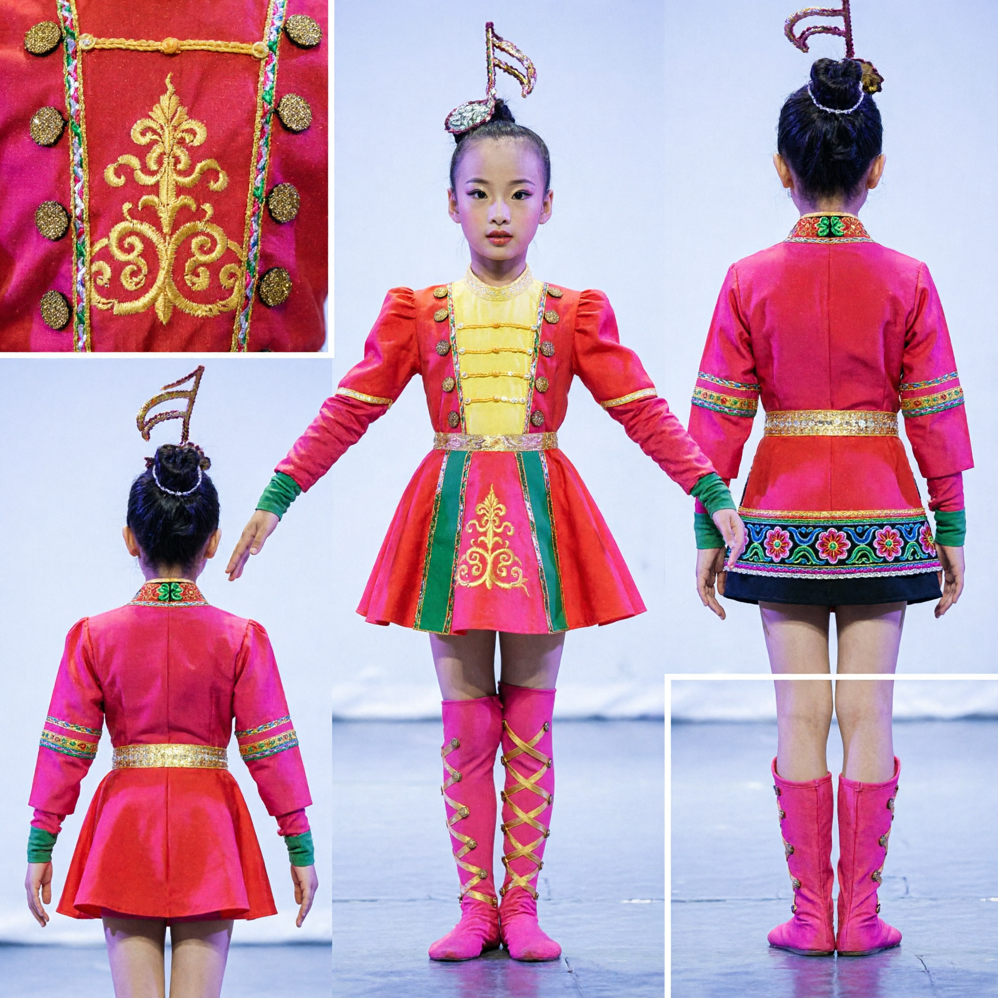 Traditional Chinese Folk Dance Costume for Kids Girls Pink Stage Performance Outfit with Boots - Asian Costume