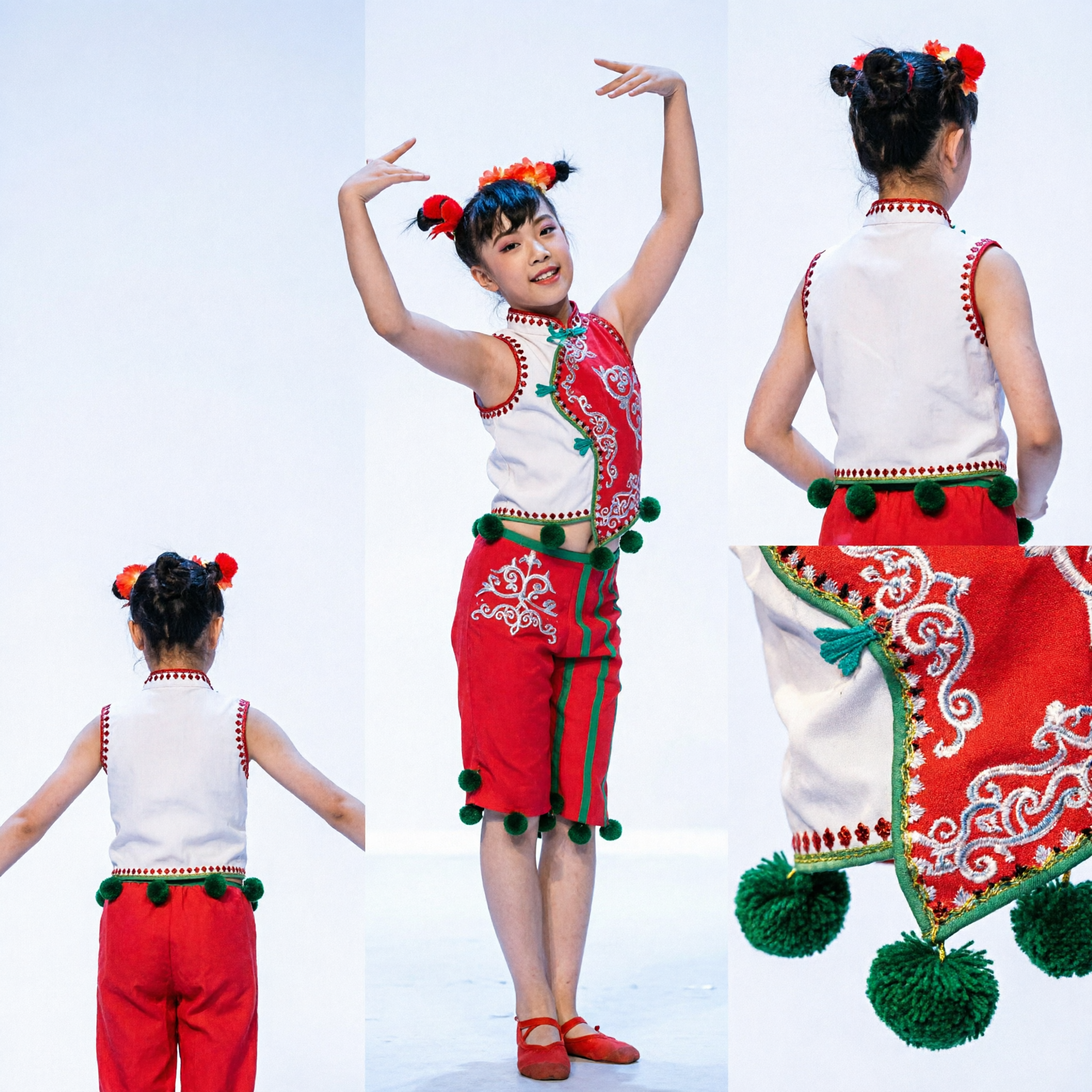 Traditional Chinese Folk Dance Costume Red Green Harvest Stage Performance Outfit for Women and Girls - Asian Costume