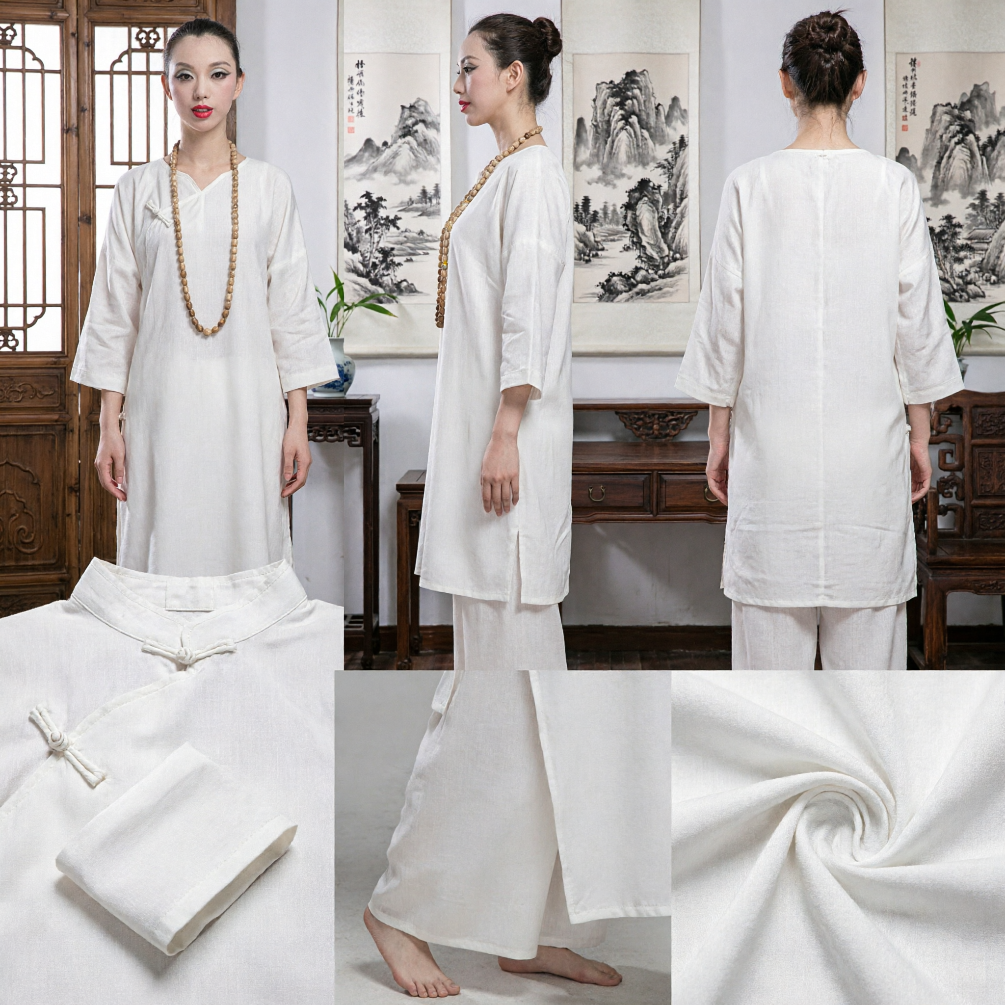 Women's White Linen Zen Meditation Suit Traditional Chinese Tang Suit Yoga Tai Chi Clothing Set - Asian Costume