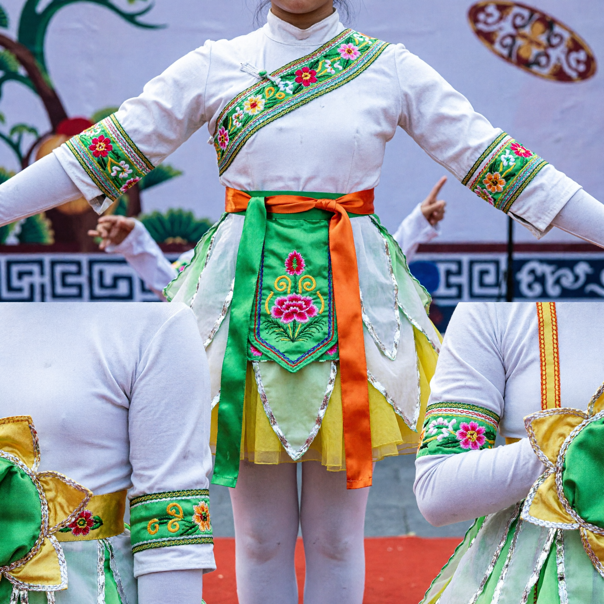 Kids Green Leaf Flower Dance Costume Chinese Folk Stage Performance Dress for Girls - Asian Costume