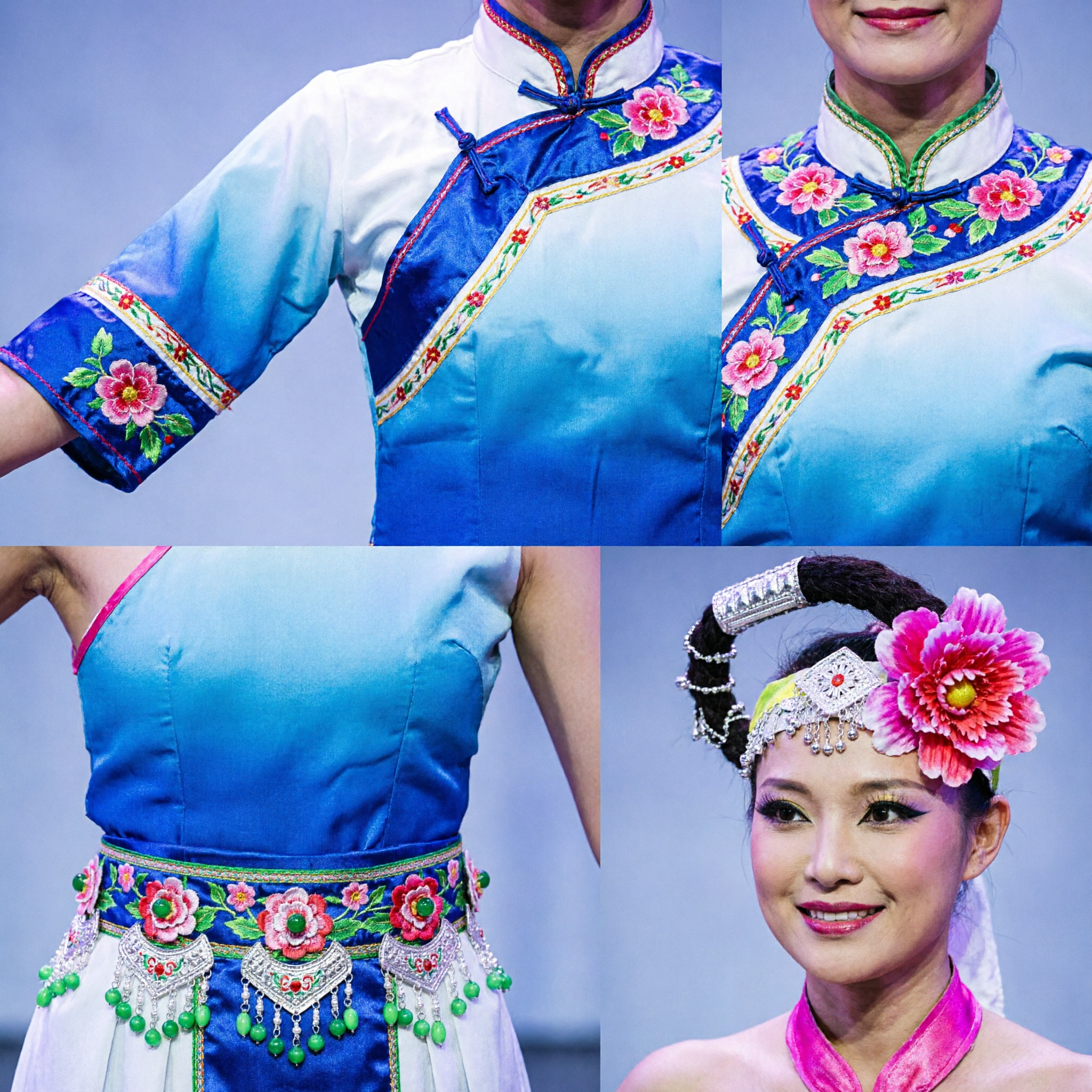Women's Traditional Chinese Dance Costume Floral Pink and Blue Stage Performance Outfit with Headpiece - Asian Costume