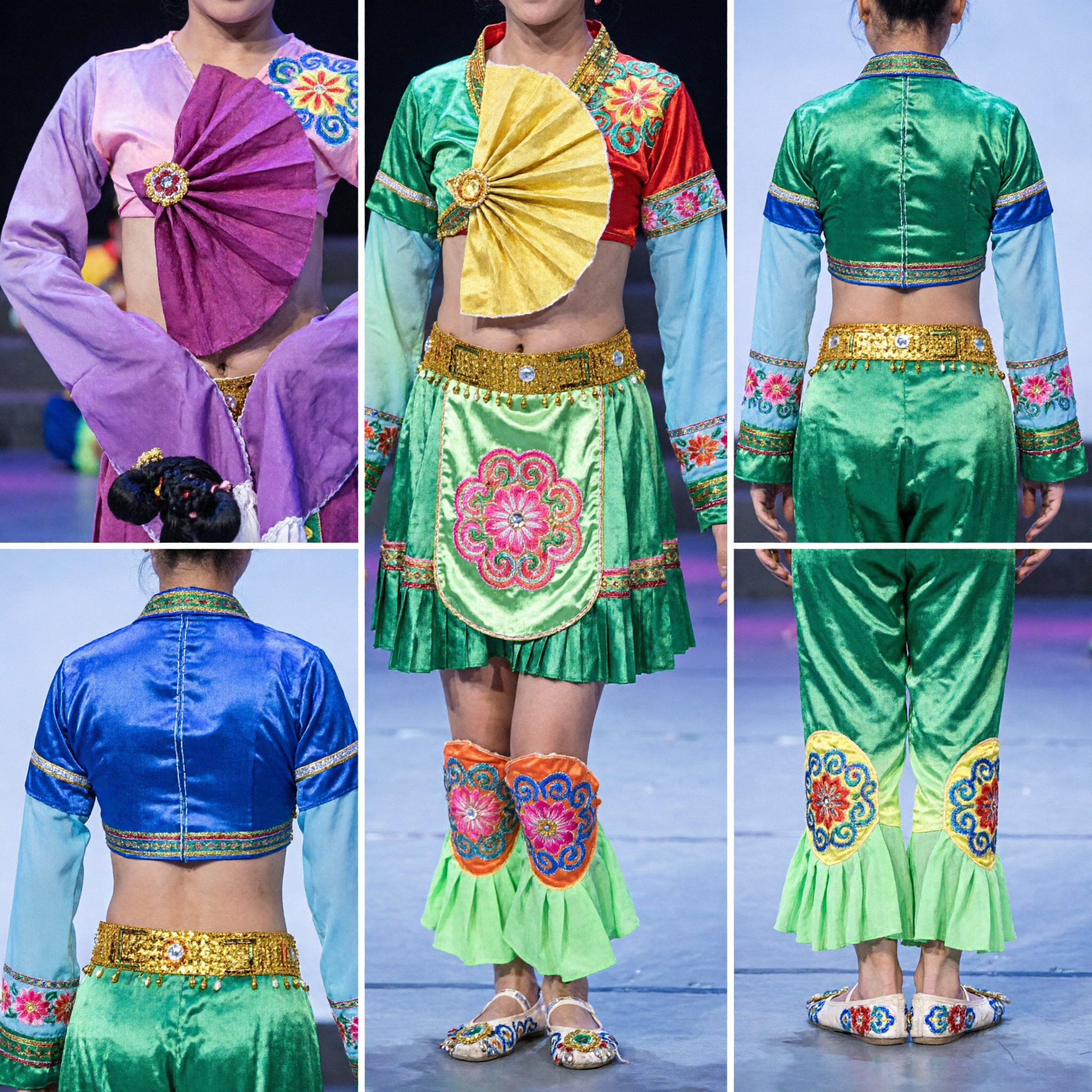 Colorful Traditional Chinese Folk Dance Costume for Girls Kids Yangge Fan Dance Performance Outfit with Headpiece - Asian Costume