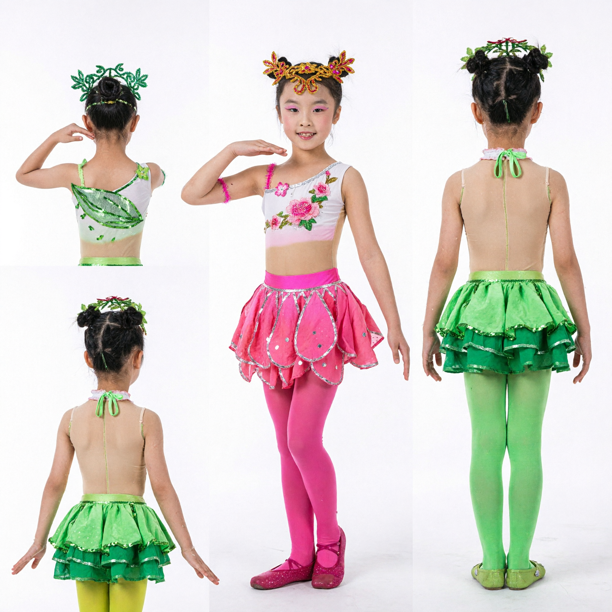 Kids Girls Flower and Leaf Dance Costume Stage Performance Wear Traditional Chinese Folk Dance Outfit - Asian Costume