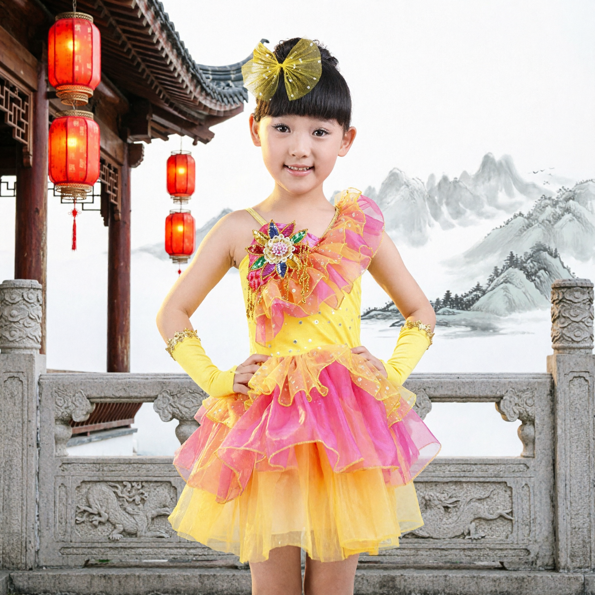 Girls Yellow and Pink Ruffled Dance Costume Modern Folk Performance Dress with Flower Appliqué - Asian Costume